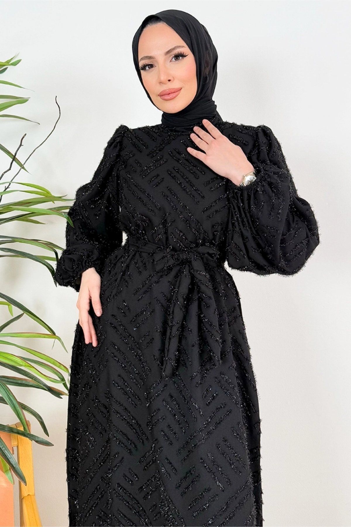 İKLİM LİFE Kuşaklı Sim Detaylı Boydan Elbise