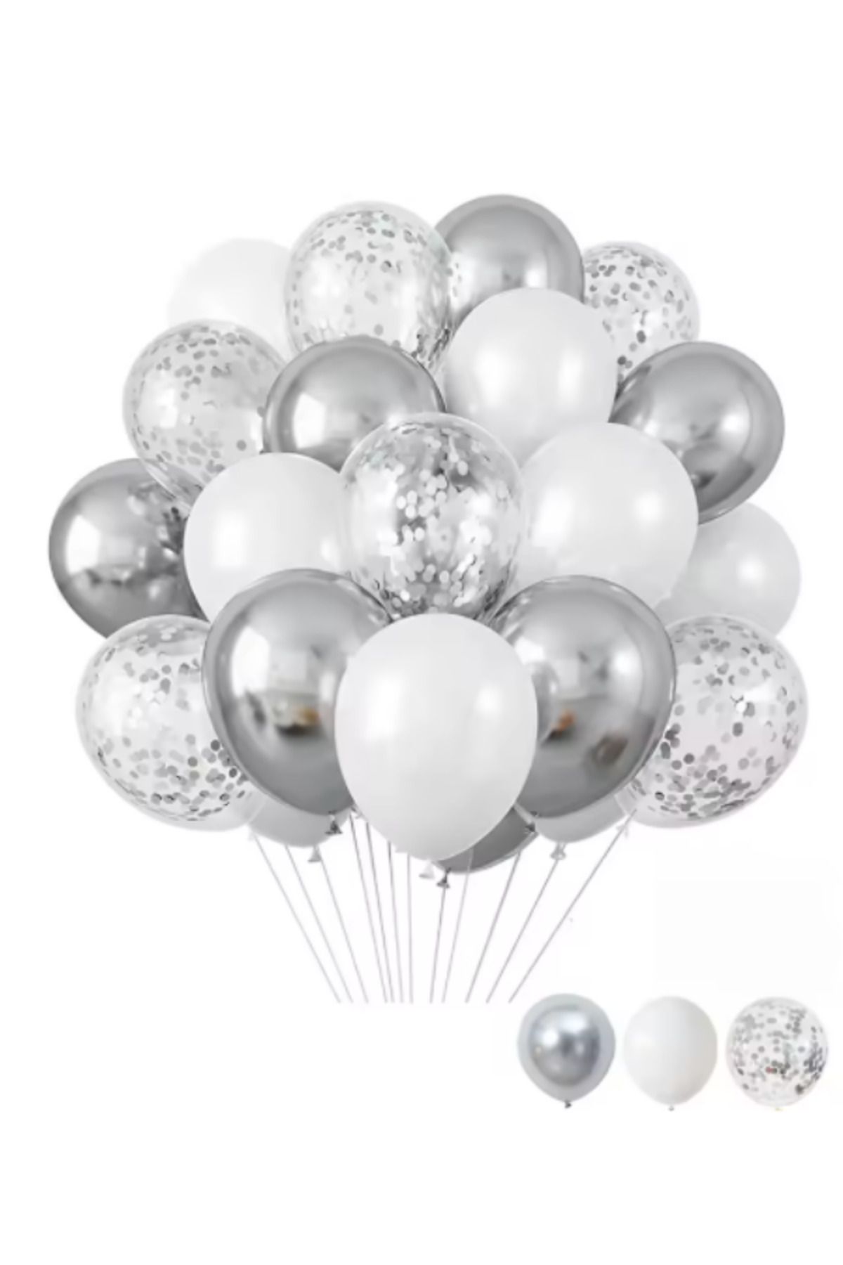 parti kral Gümüş 20 Adet Karışık Lateks Balon Demeti 25 Metre Gümüş Ip Ve Balon Bandı