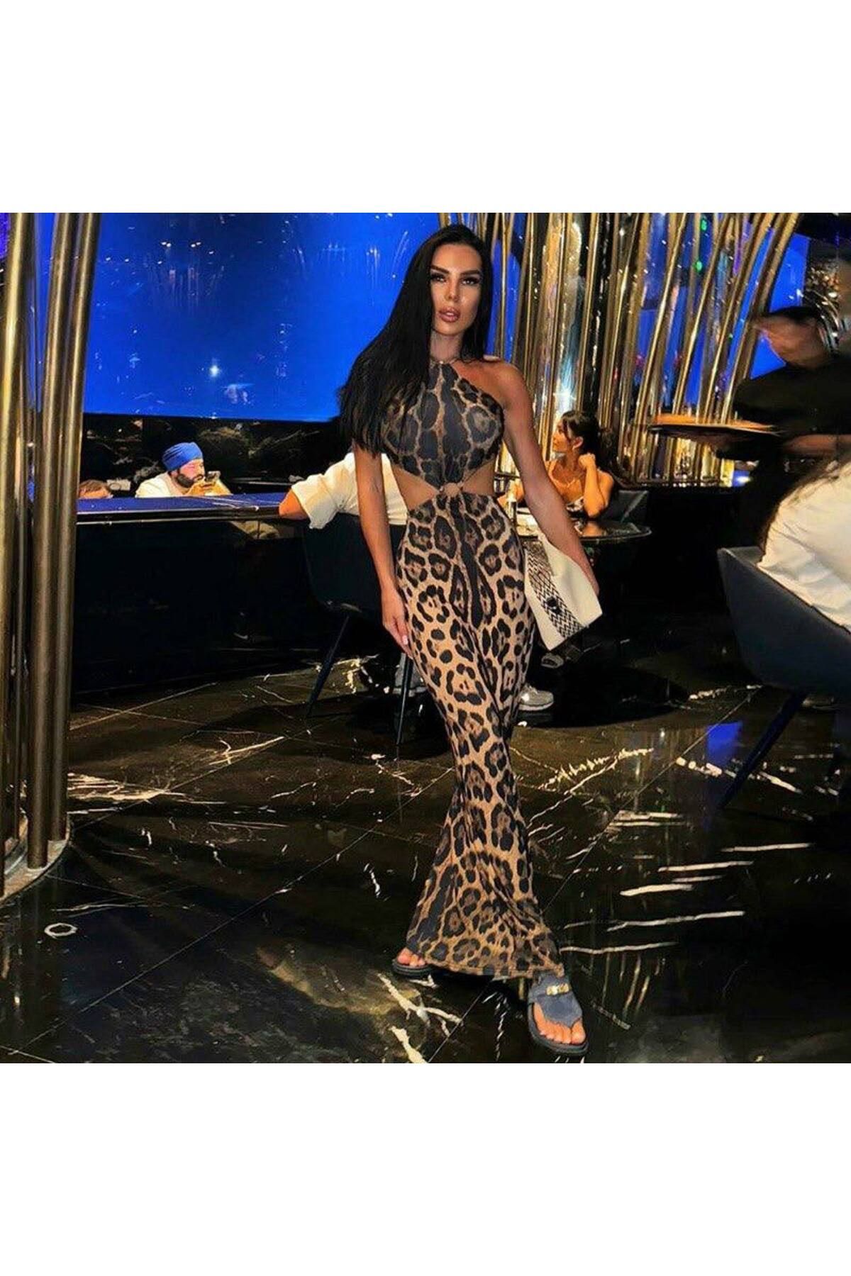 Miss Bandana ve Halka Detay Leopar Elbise
