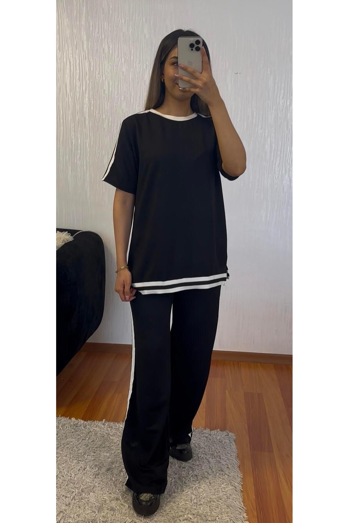SHINE STYLE Şerit Detay Siyah Takım