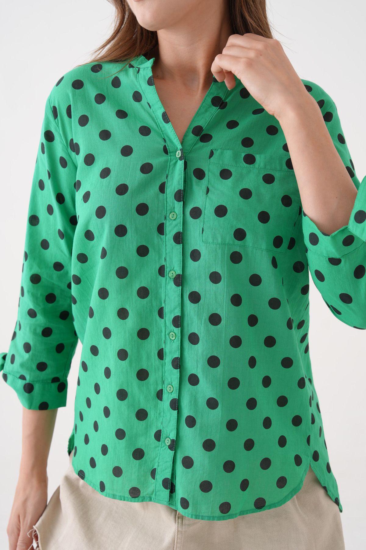 missclover clover puantıye baskılı pamuk trend kadın gömlek