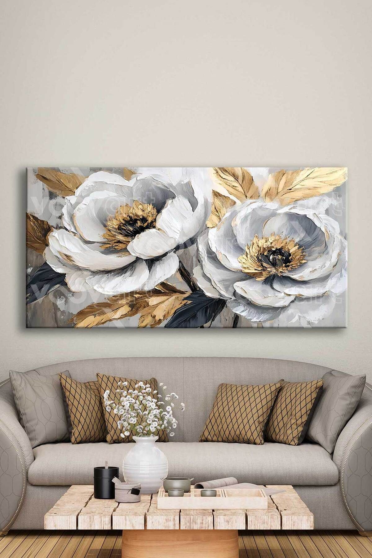 Voovart Dekoratif Beyaz Çiçekler Kanvas Tablo - VOOV2822