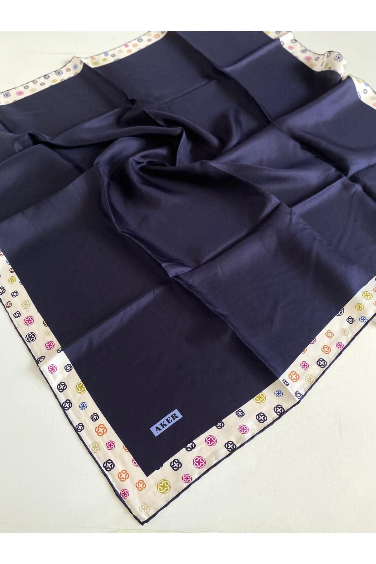 Aker Tivil İpek Eşarp 8738713-921 47463 Lacivert-Krem Monogram Desen