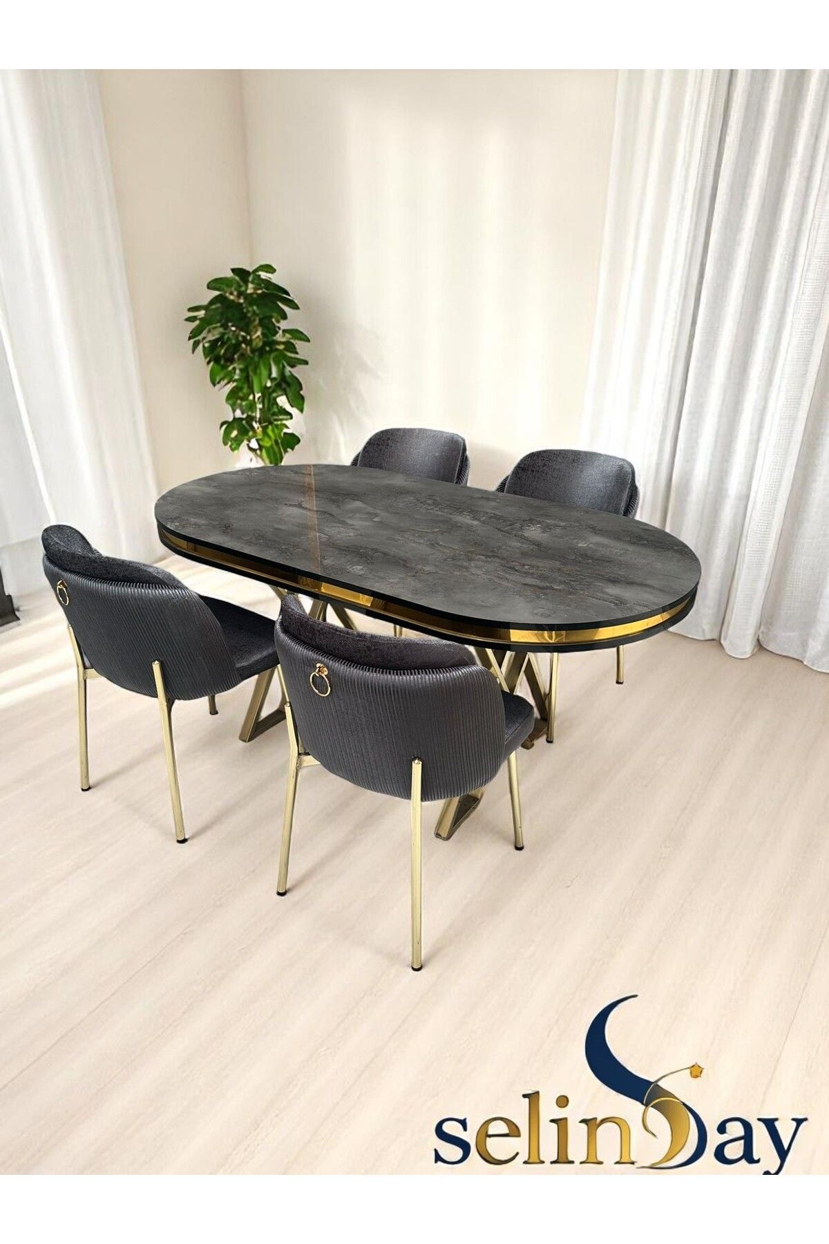 Selin Ay Desıgn 4 Kişilik Elysia Gold Line Masa Takımı BabyFace Kumaş MDF Lak Panel Masa