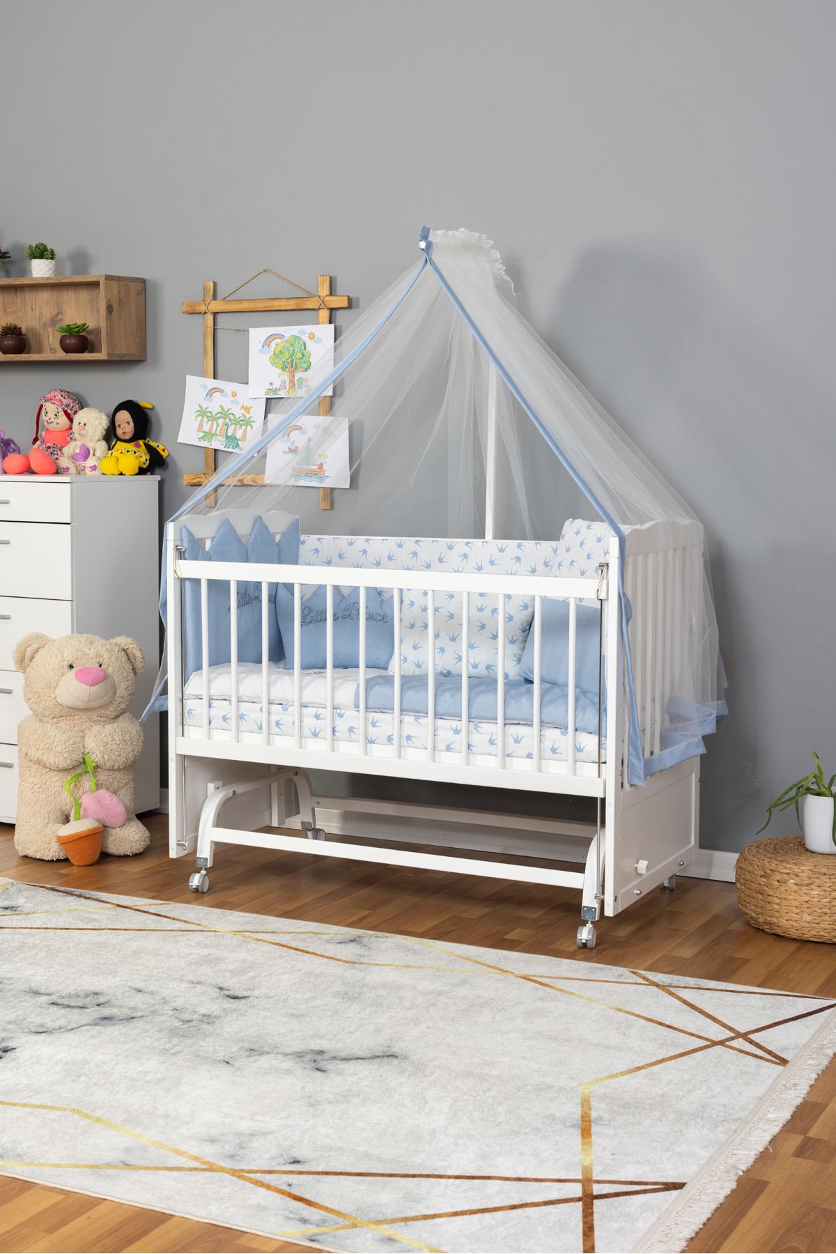 Carino Wins Tutku BEYAZ Bebek Beşiği Ahşap Beşik Anne Yanı Yeni Doğan MAVİ NAKIŞ UYKU SETLİ + TEKERLEKLİ