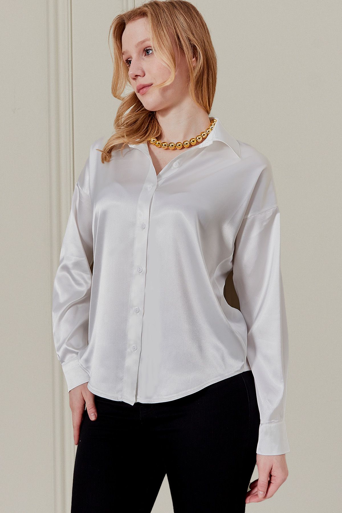 fumel women's clothing Kadın Beyaz Saten Gömlek