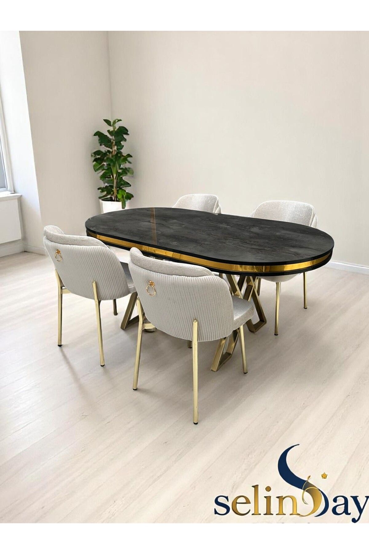 Selin Ay Desıgn 4 Kişilik Elysia Gold Line Masa Takımı BabyFace Kumaş MDF Lak Panel Masa