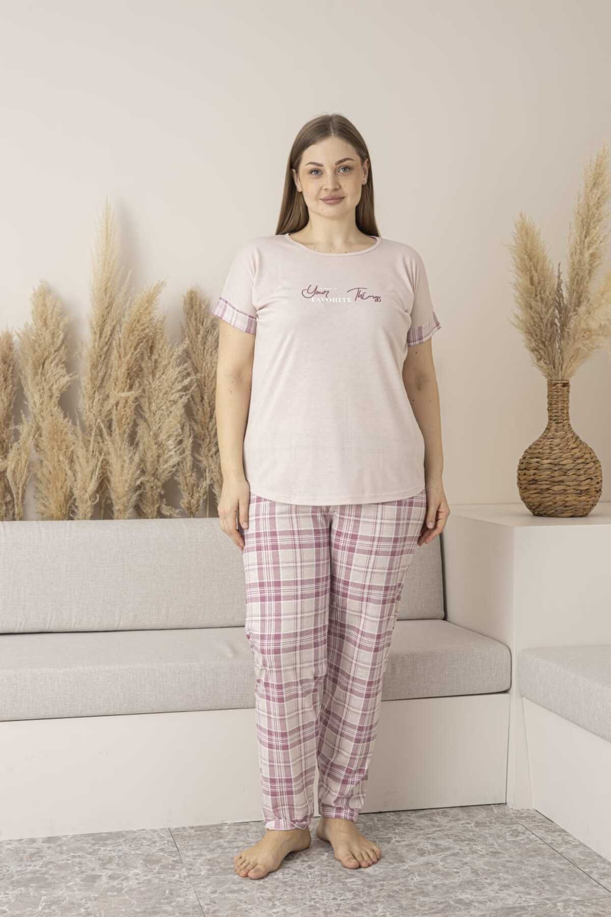 Lio20 Kadın Viskon Kareli Desen Kısa Kol Pijama Takımı-Battal-Pembe