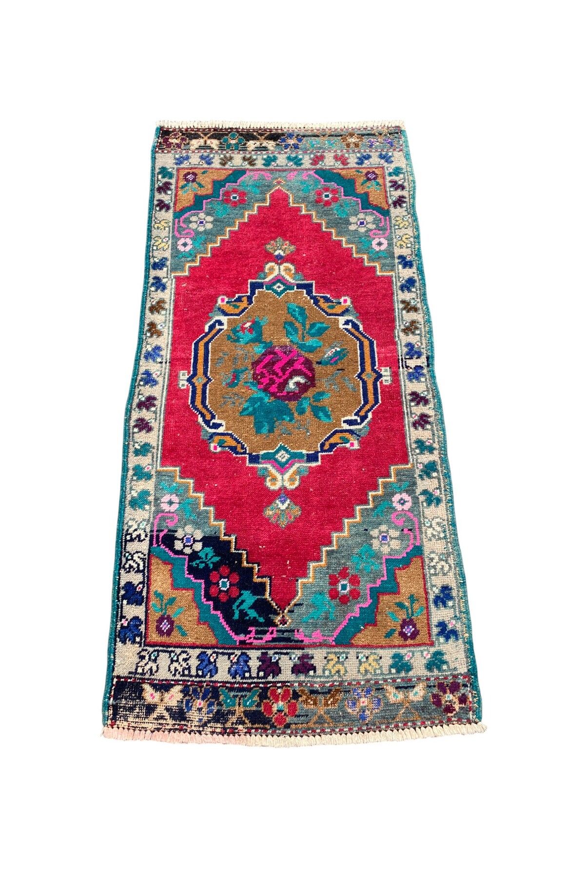 BURAK HALI El Dokuma Eskitme Karabağ Halısı 55x115 Kırmızı Yeşil Vintage Yastık