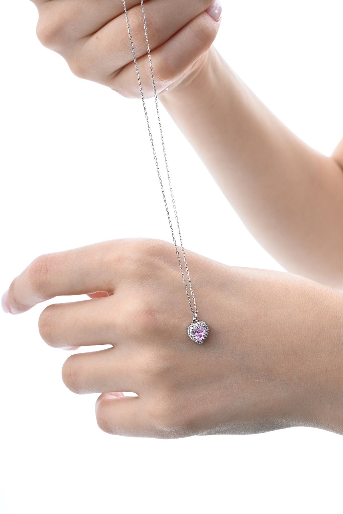 jingle bells Kalp Pembe Zirkon Taşlı 925 Ayar Gümüş Kolye Rodyum