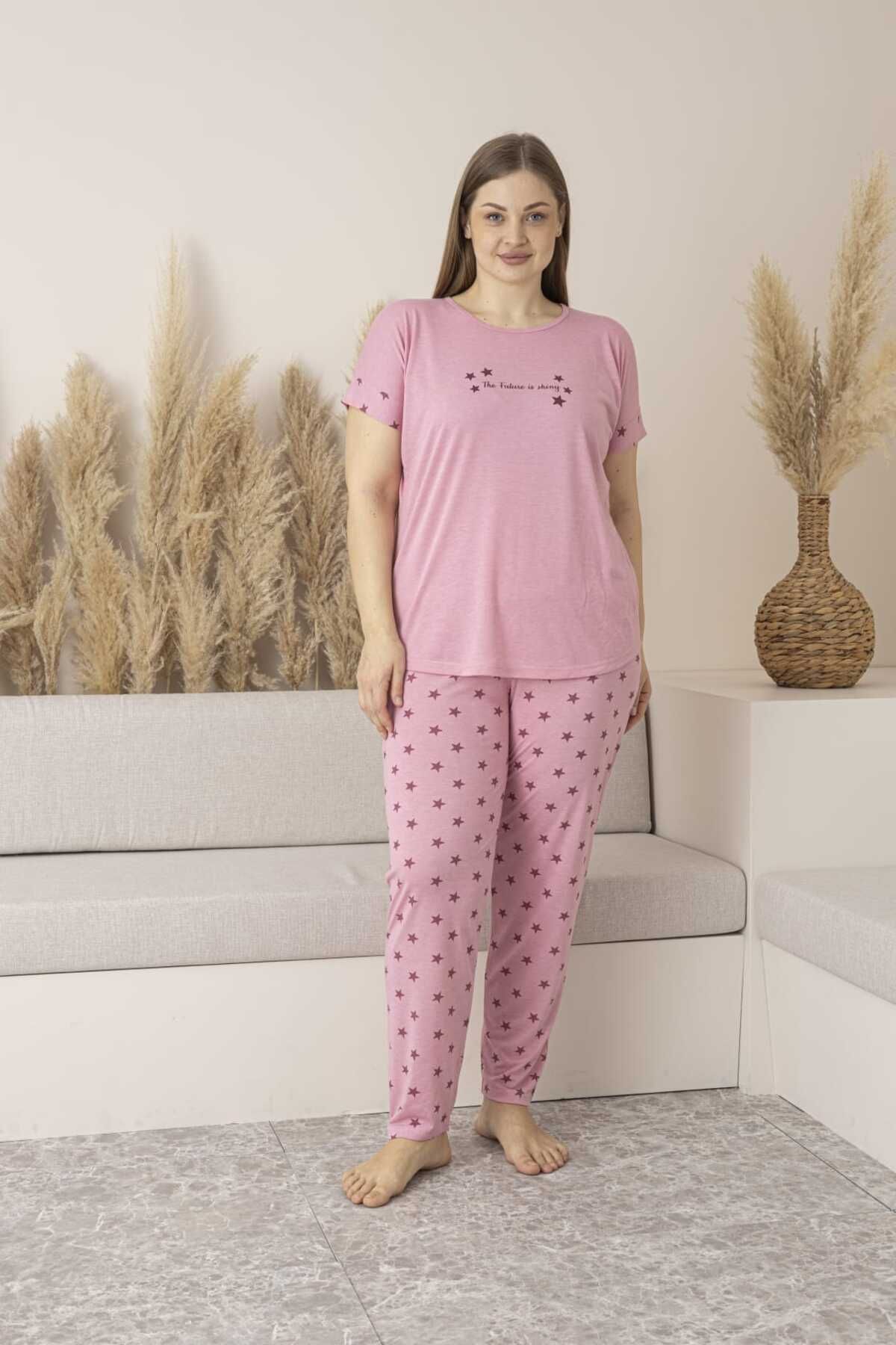 Lio20 Kadın Viskon Yıldız Desenli Kısa Kol Pijama Takımı-Battal-Pembe