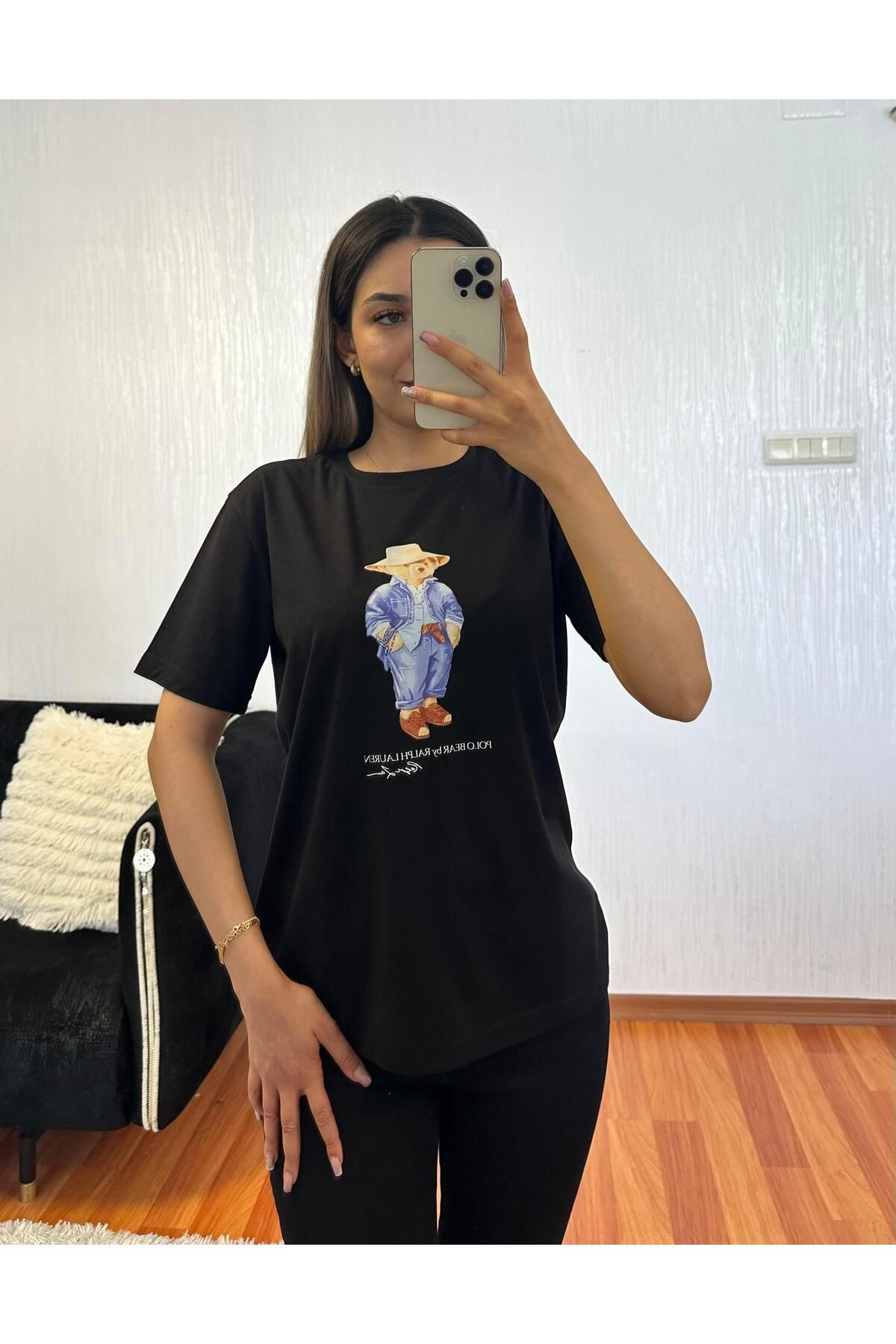 SHINE STYLE Marka Muadil Teddy Baskı Siyah Tişört