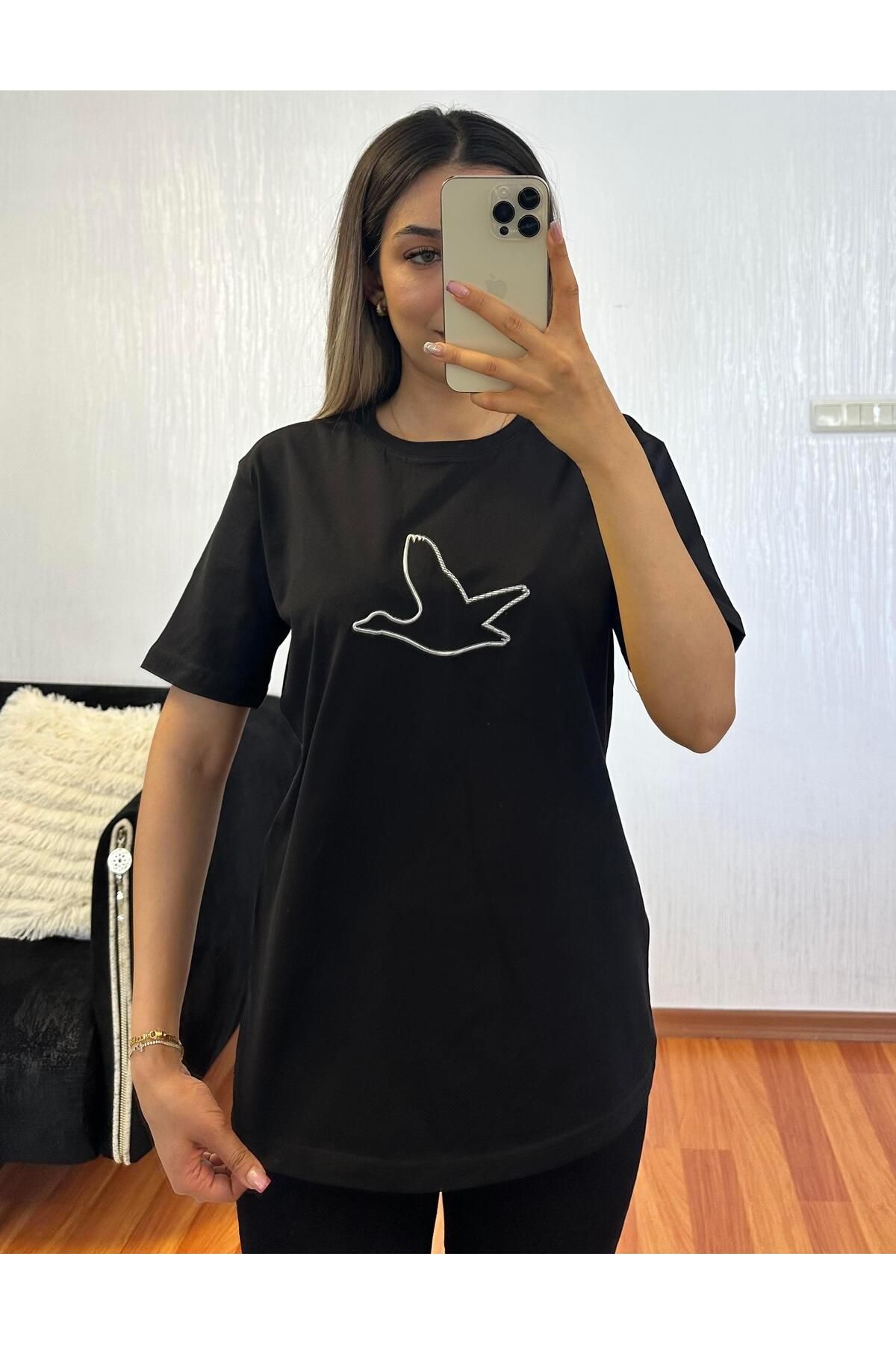 SHINE STYLE Marka Muadil Tek Kuş Baskı Siyah Tişört