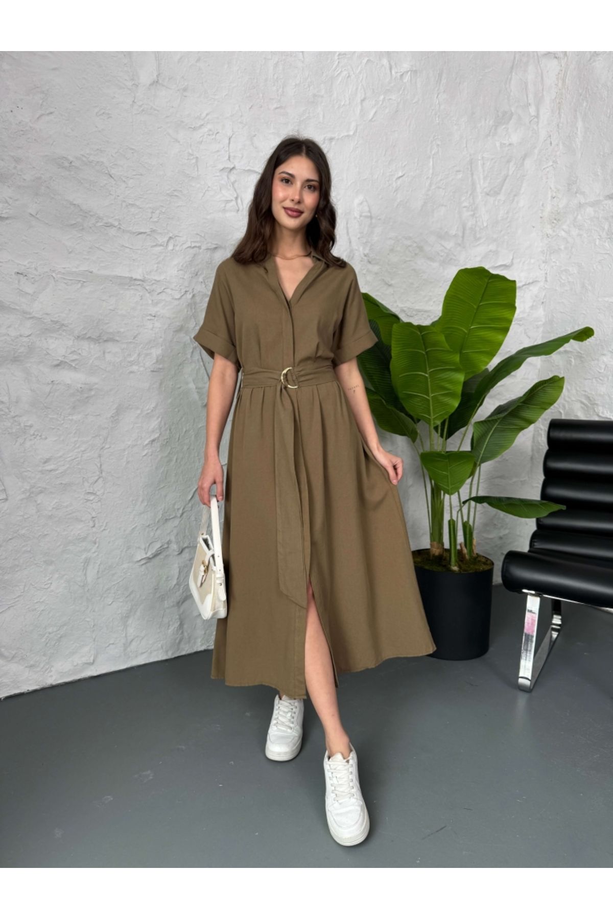 Elif Özbey Butik Haki Boydan Düğmeli Kuşaklı Keten Elbise