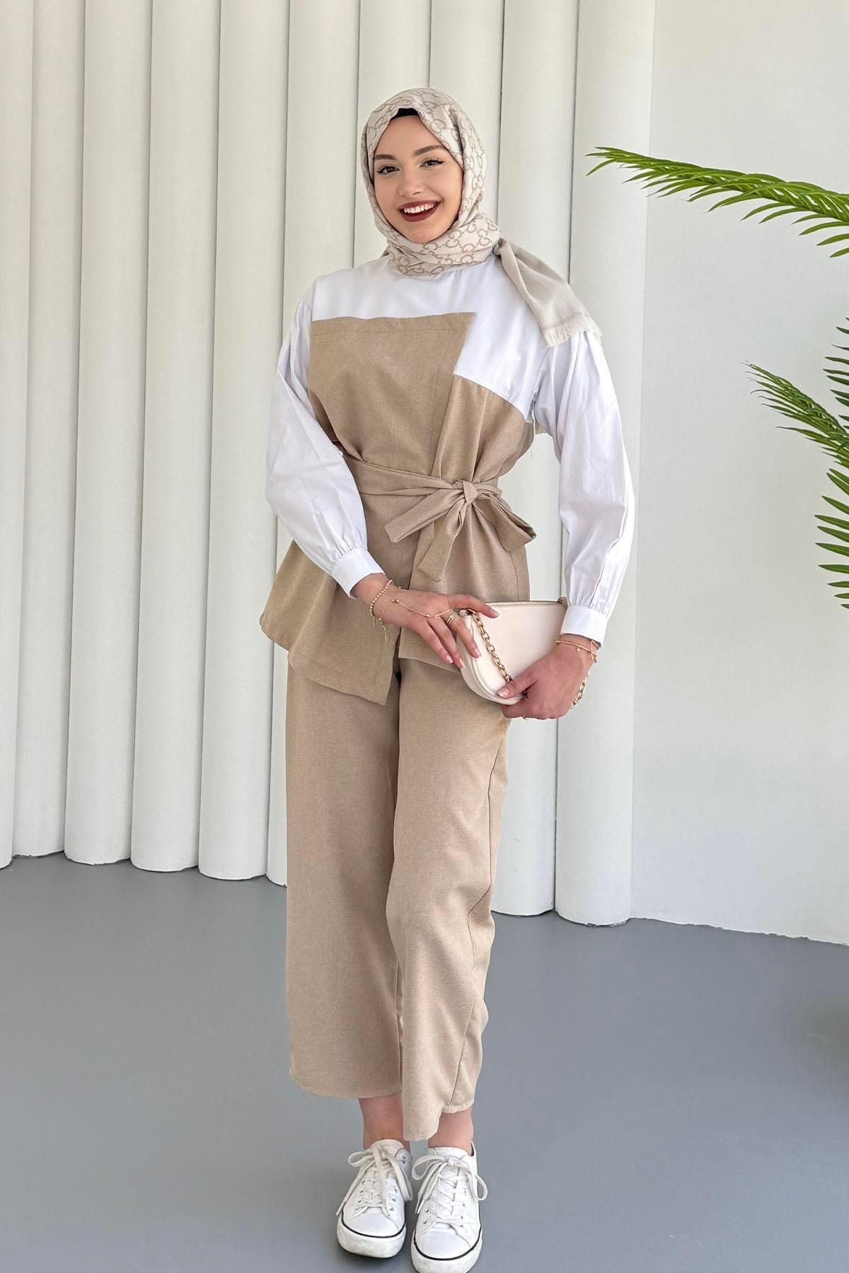 Modaensarbutik Nora Gömlek Detaylı İkili Tesettür Takım-TAŞ