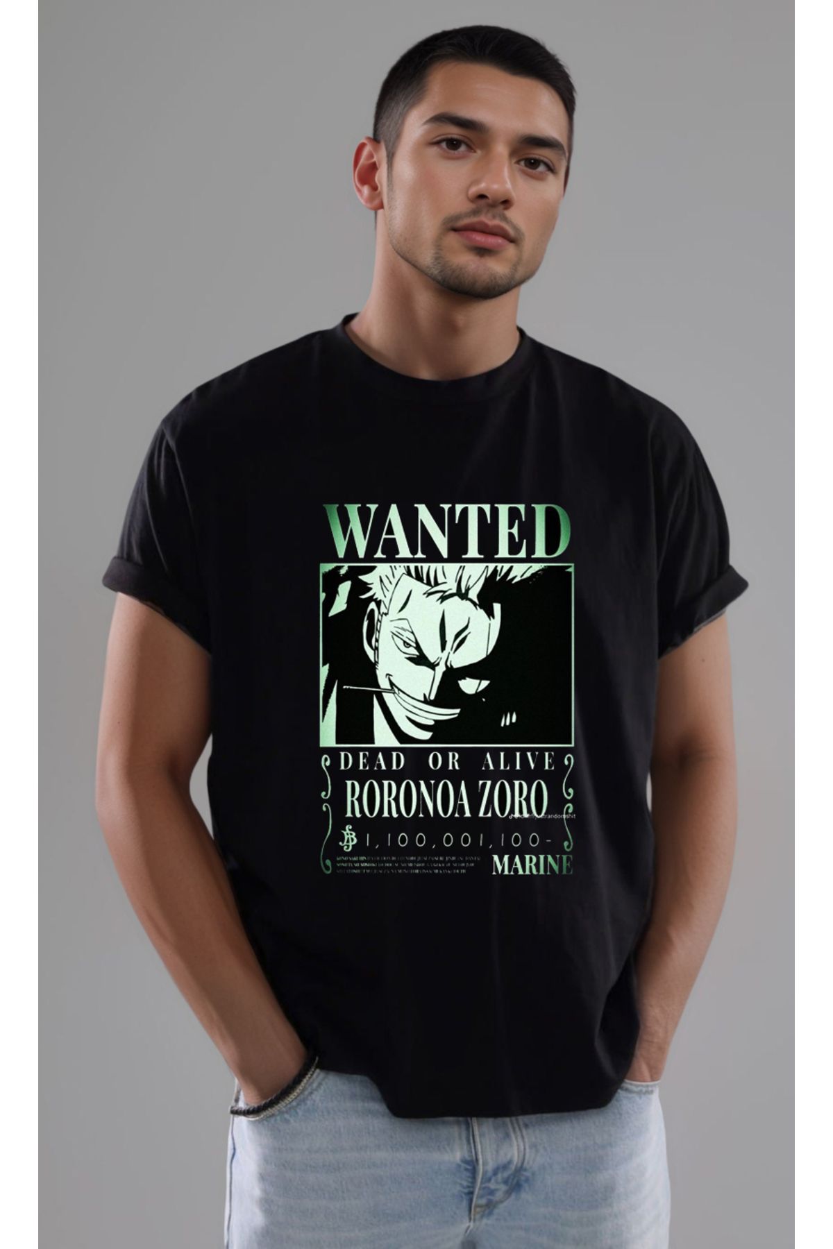 petite pati One Piece yesil Wanted Zoro Baskılı Unisex Tshirt