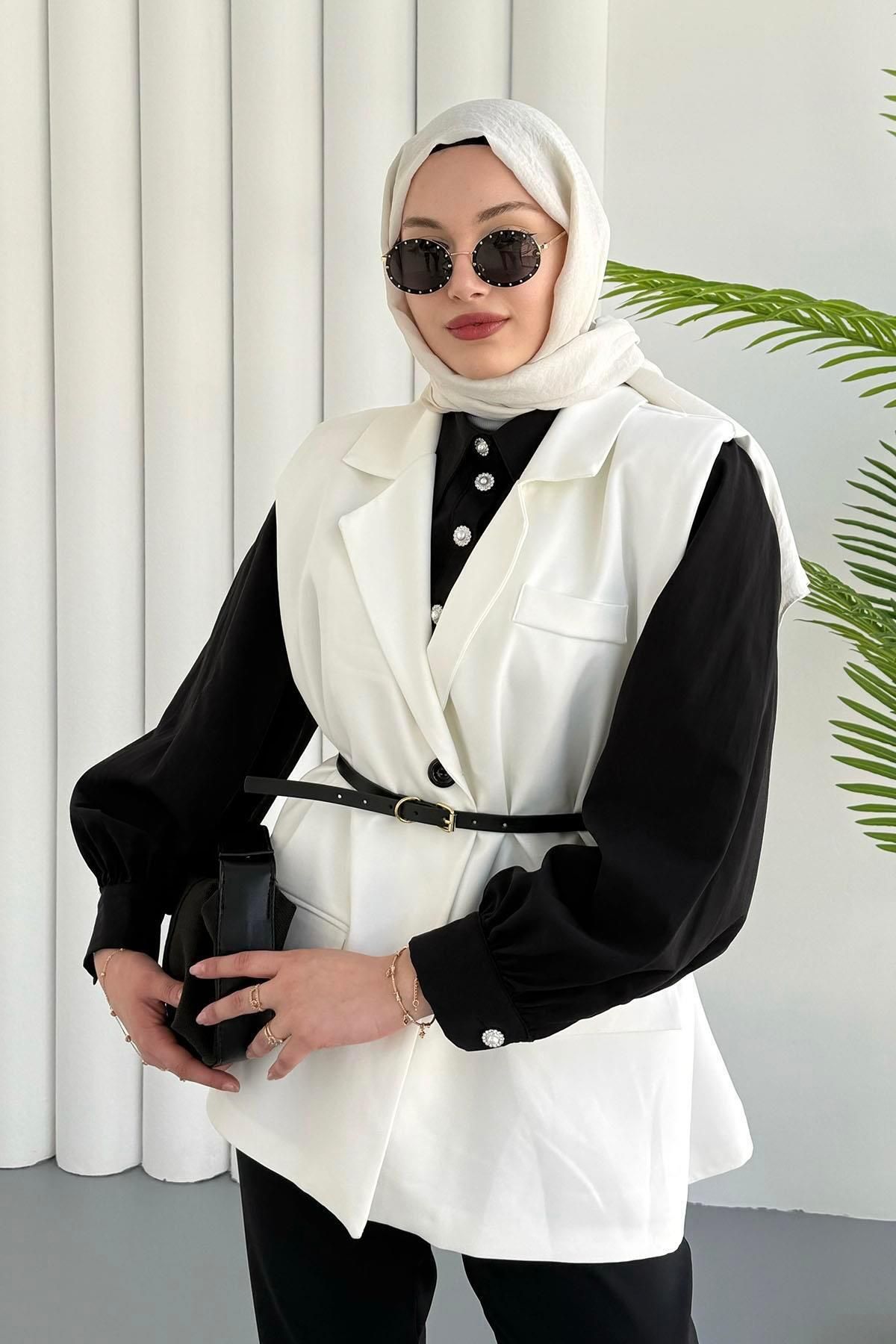 Modaensarbutik Oversize Kemer Detaylı Krep Yelek-BEYAZ