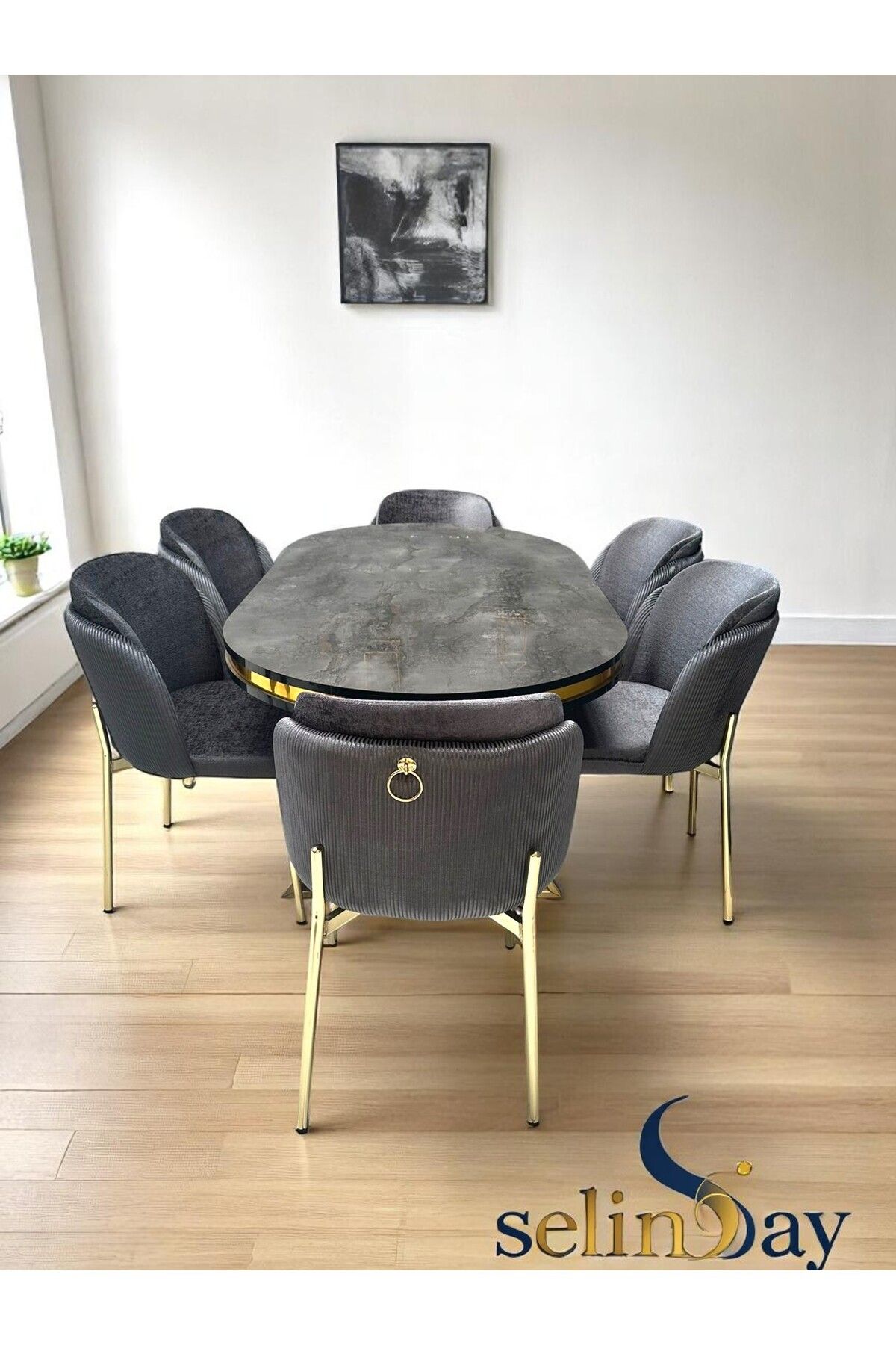 Selin Ay Desıgn 6 Kişilik Elysia Gold Line Masa Takımı BabyFace Kumaş MDF Lak Panel Masa