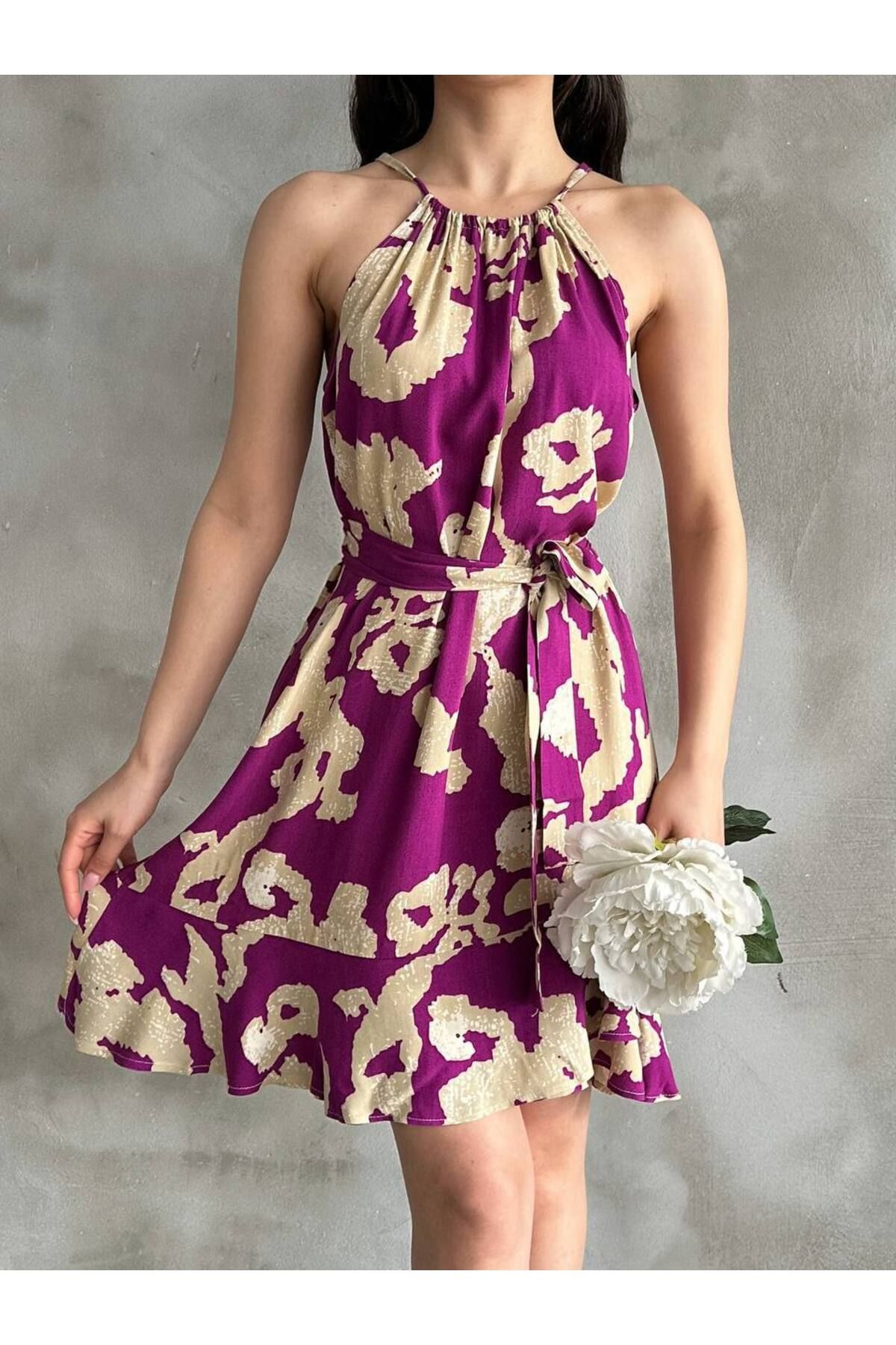 DTBUTİK Halter Yaka Mermer Desenli Mini Elbise