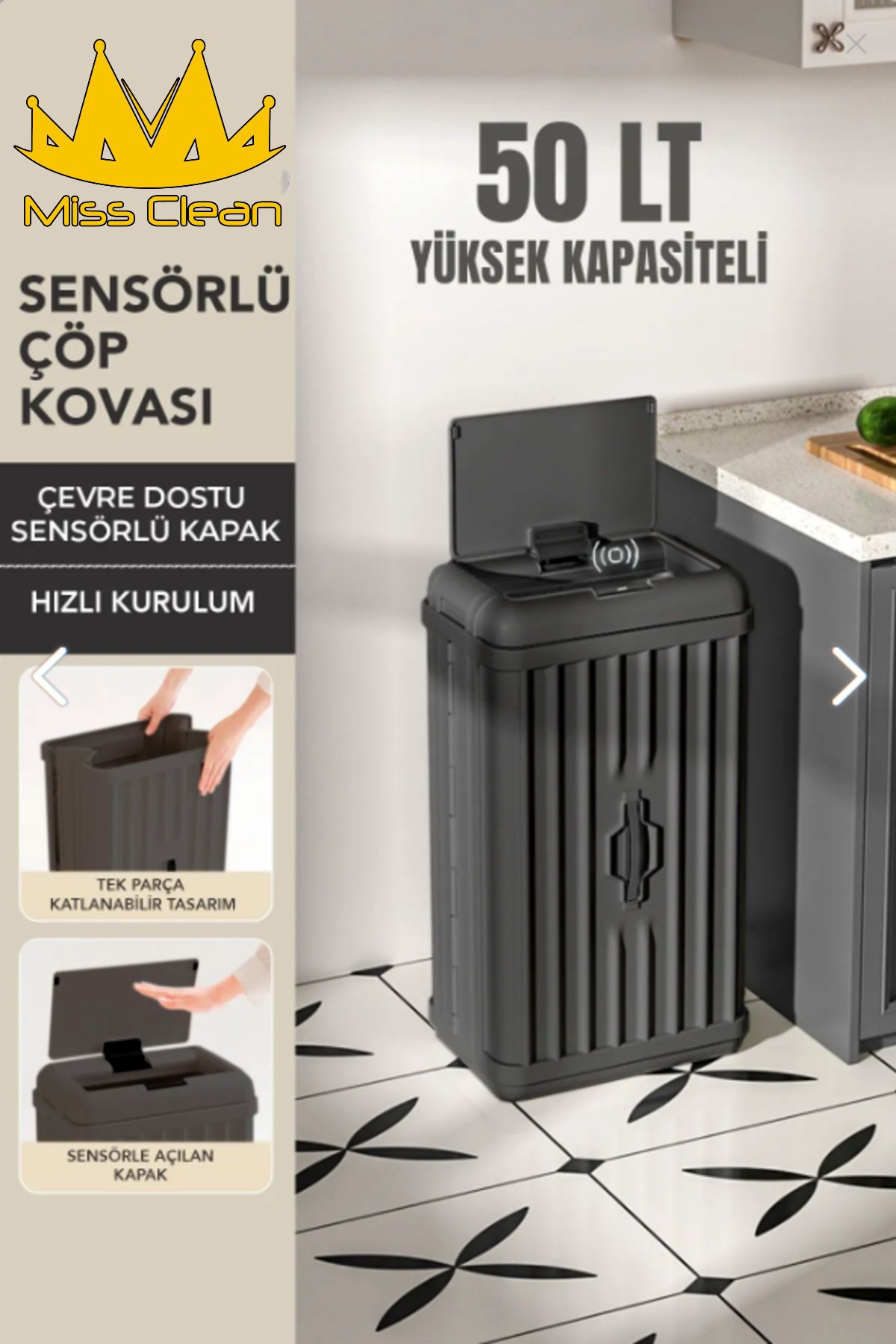 MissClean 50 LİTRE Hareket Sensörlü ÇÖP KOVASI Çok Amaçlı Portatif Katlanabilir Banyo Ve Mutfak