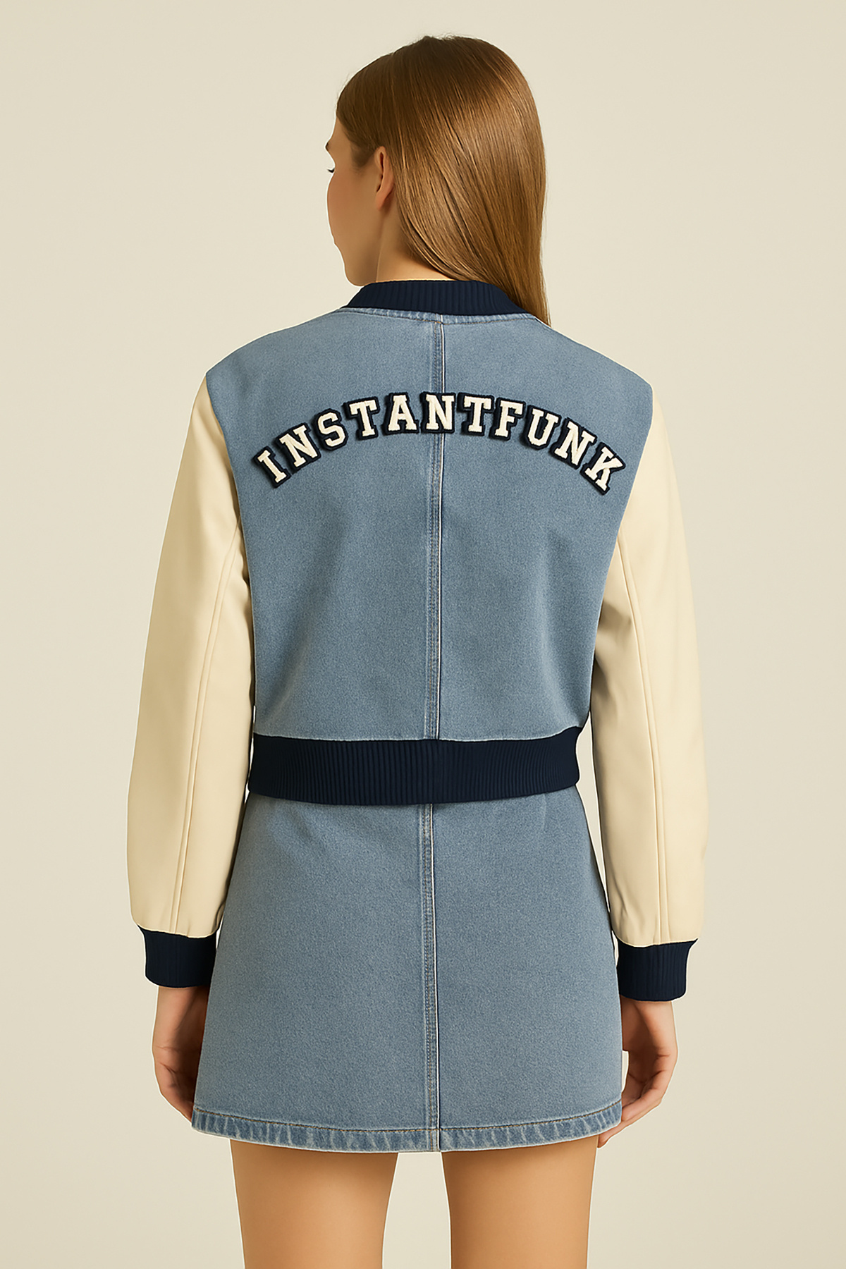 Giyim Dünyası-Women's Sleeve Leather Denim Jacket Blue 4