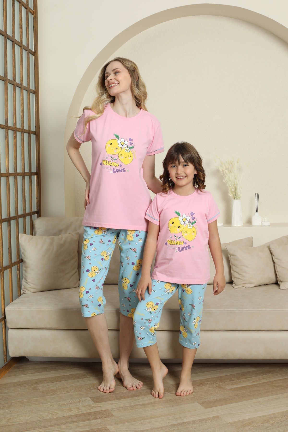 KAPİTEX Anne Kız Kısa Kollu Bisiklet Yaka Baskılı Limonlu Mor Pijama Takımı