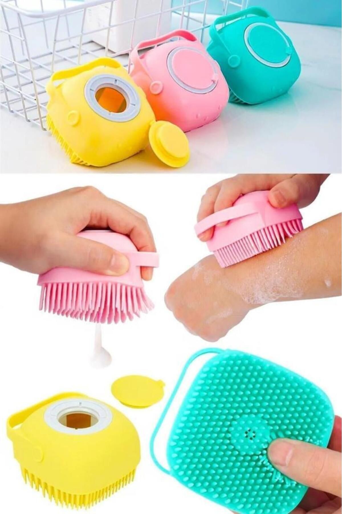 sanal trend 2 Adet Duş Jeli Hazneli Silikon Fırça Kese Çok Amaçlı Vücut Temizleme Kesesi Peeling Banyo Lifi