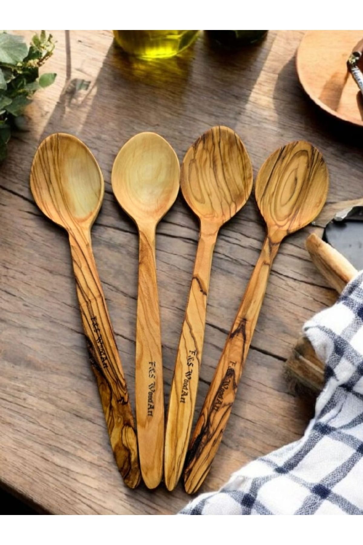 F&S WoodArt 4 Adet 22 Cm Zeytin Ağacı Tahta Kaşık Yemek Çocuk Mama Sahan Kaşığı