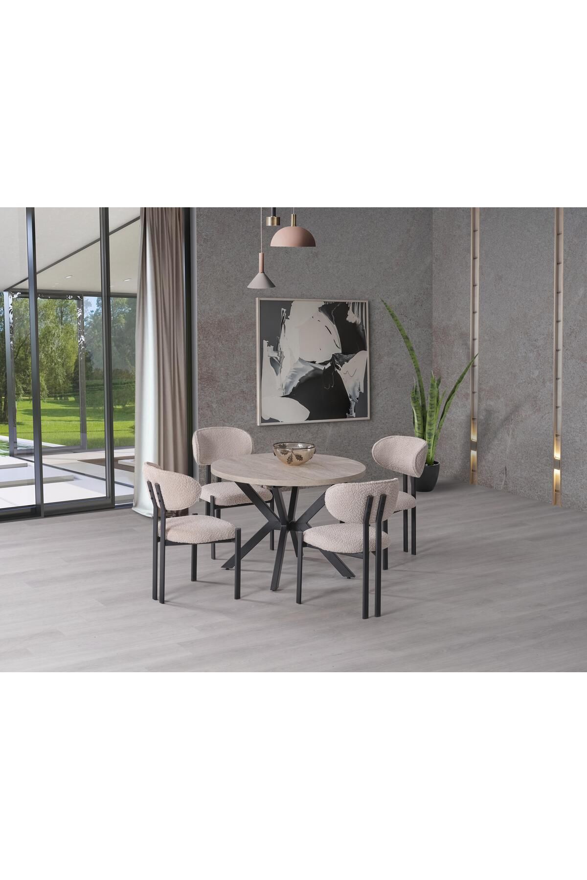 KUĞU GARDEN Açılır MDF Mutfak Masa Trend 4 Kişilik Yemek Masa Takımı Traverten