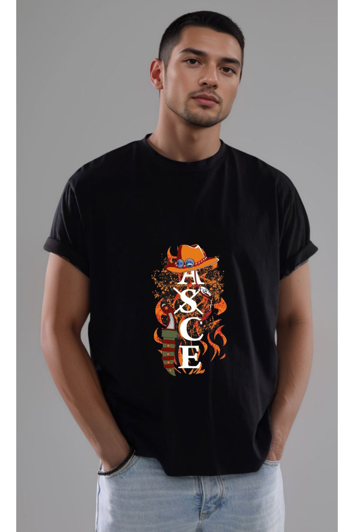 petite pati One Piece Ace Baskılı Unisex Tshirt
