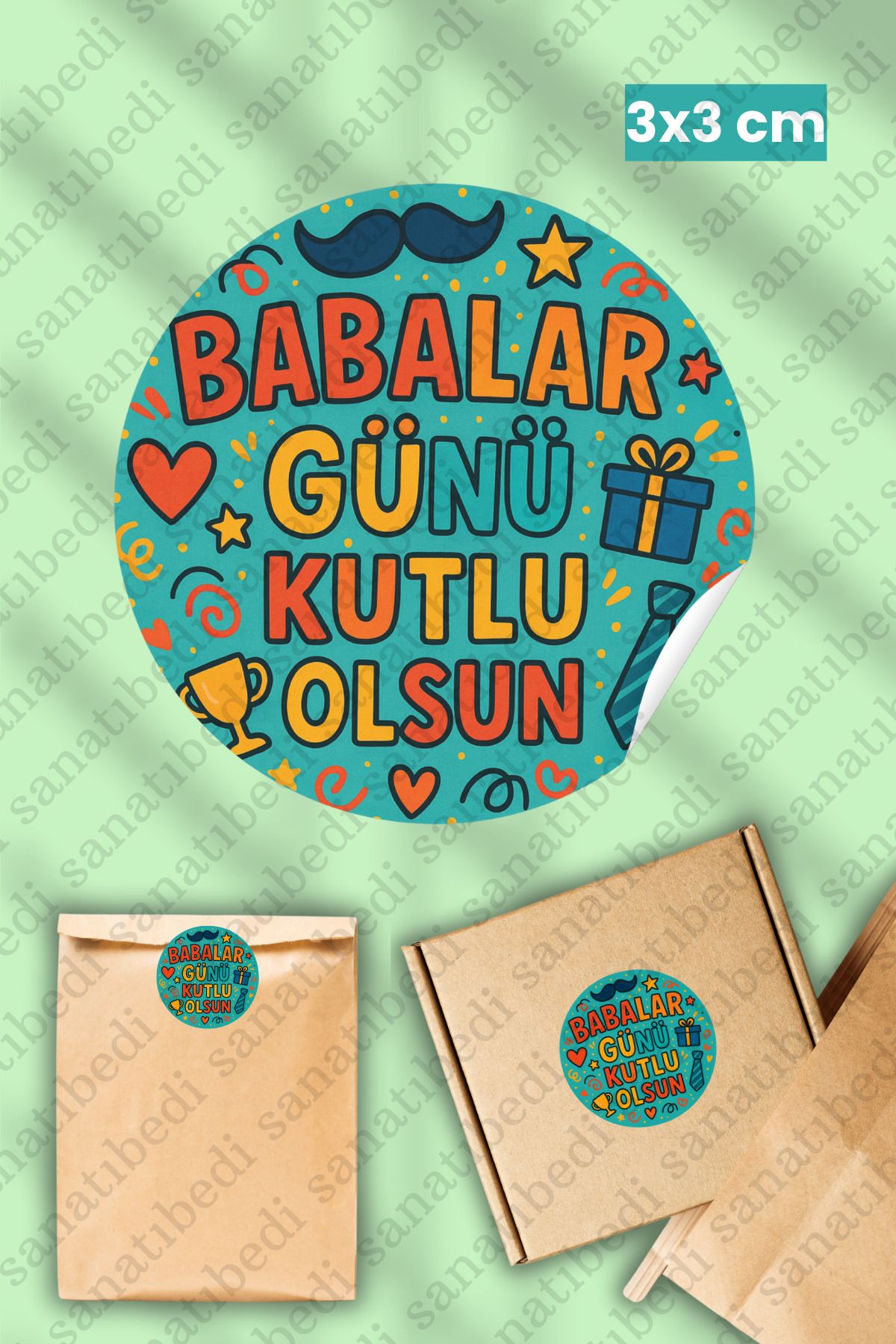 sanatıbedi 50 Adet Babalar Günü Temalı Sticker - Kargo Ambalaj Paketleme Hediye Etiketi 3x3 cm