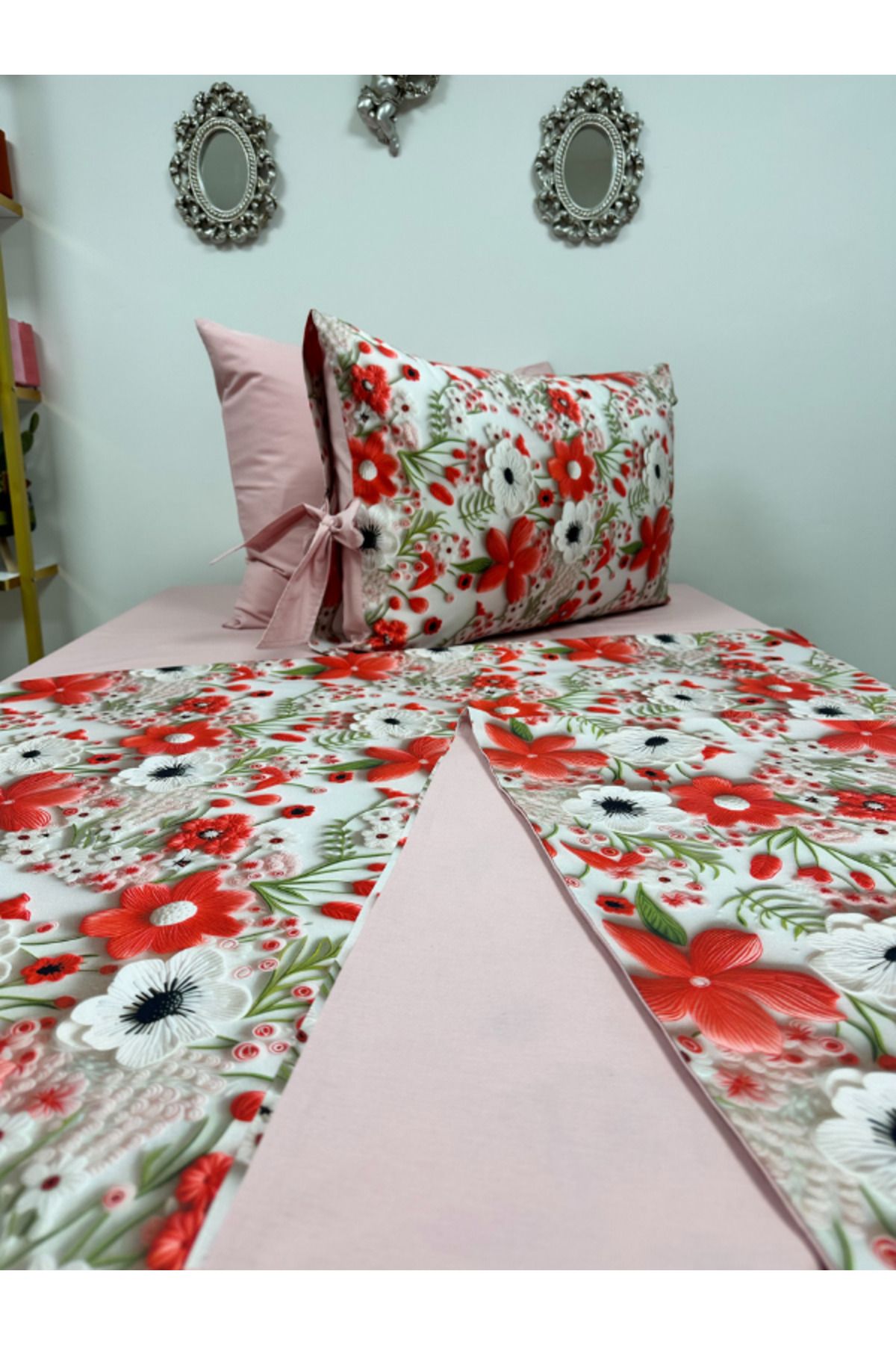 Kadriye Ekşioğlu Çift Kişilik Nevresim Takımı Düz Çarşaf - 200x160 - Yastık Kılıfı Çiçekli Set