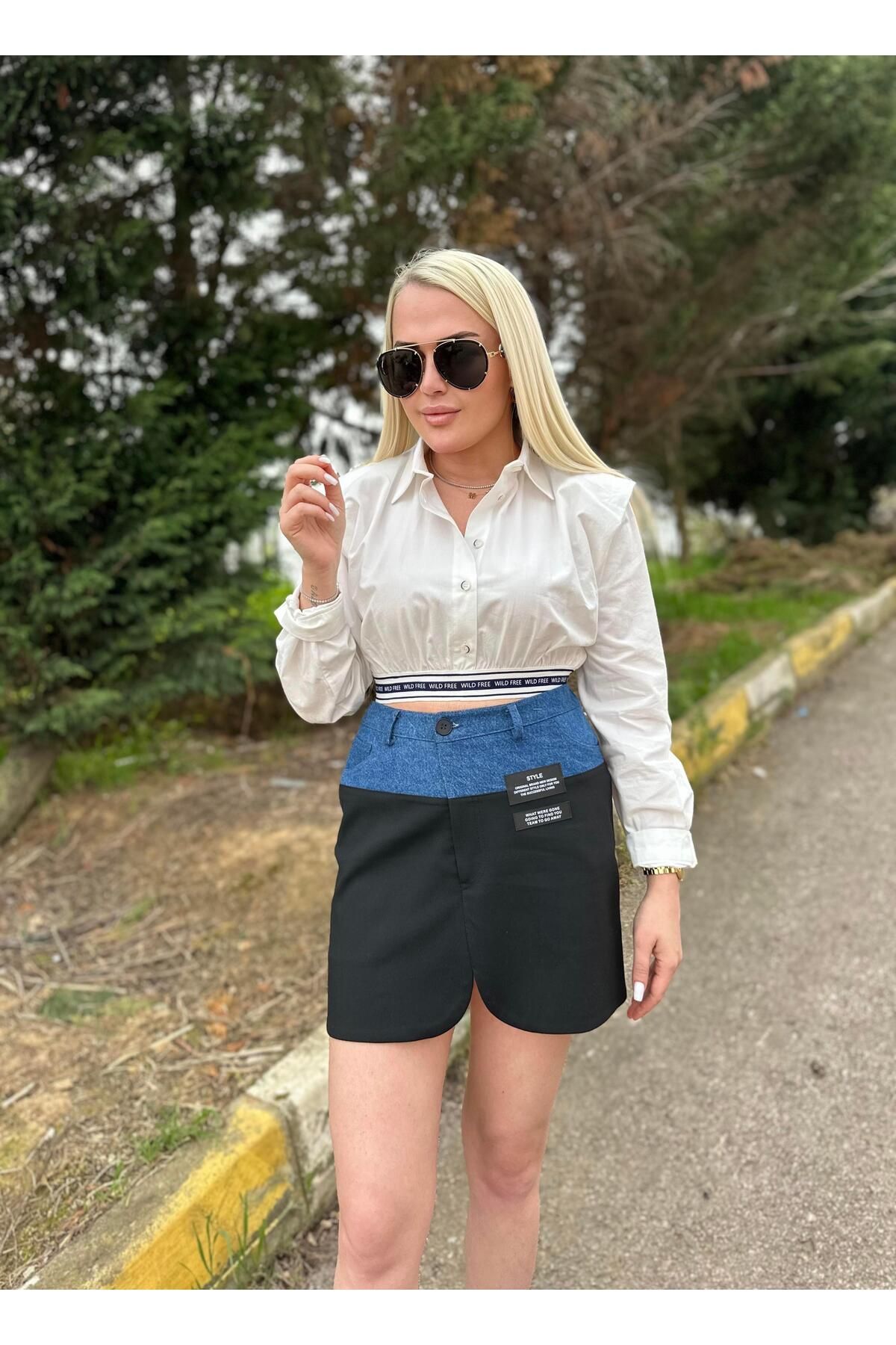 Acar Boutique Vatkalı Şeritli Crop Gömlek