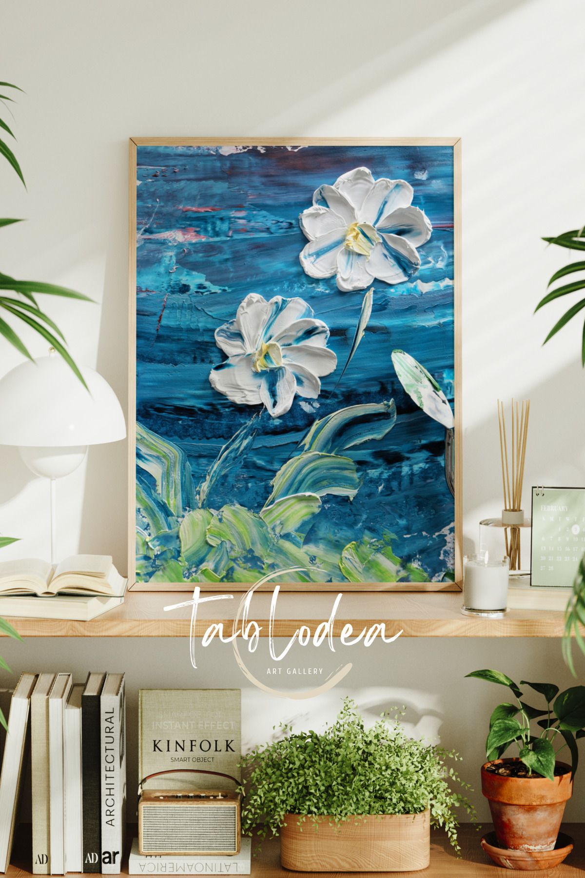 tablodea Soyut Su Efektli Modern Çerçeveli Poster Tablo, Bohem Çiçekli Dekoratif Minimalist Duvar Tablosu