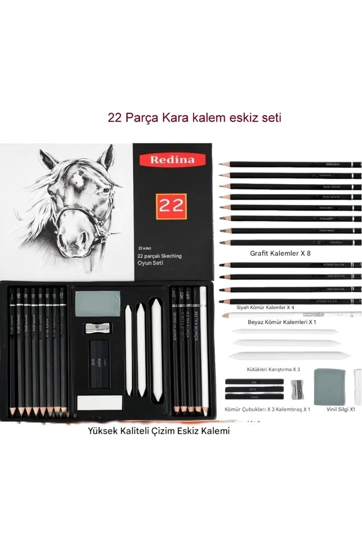 Sanathobi Kara kalem çizim seti, eskiz kalem seti, dereceli kalem set, kömür kalem-Kutulu 22 parça