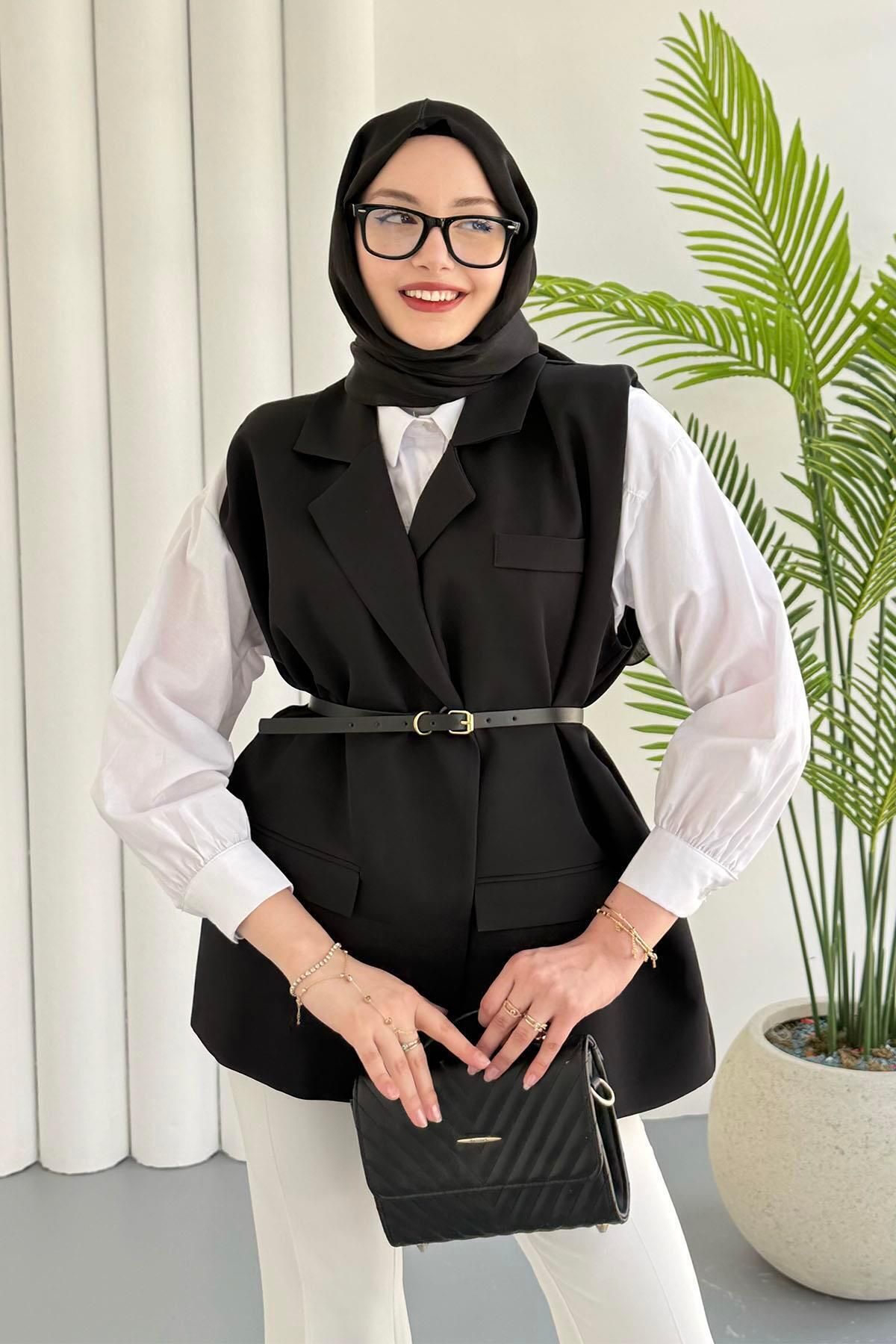 Modaensarbutik Oversize Kemer Detaylı Krep Yelek-SİYAH