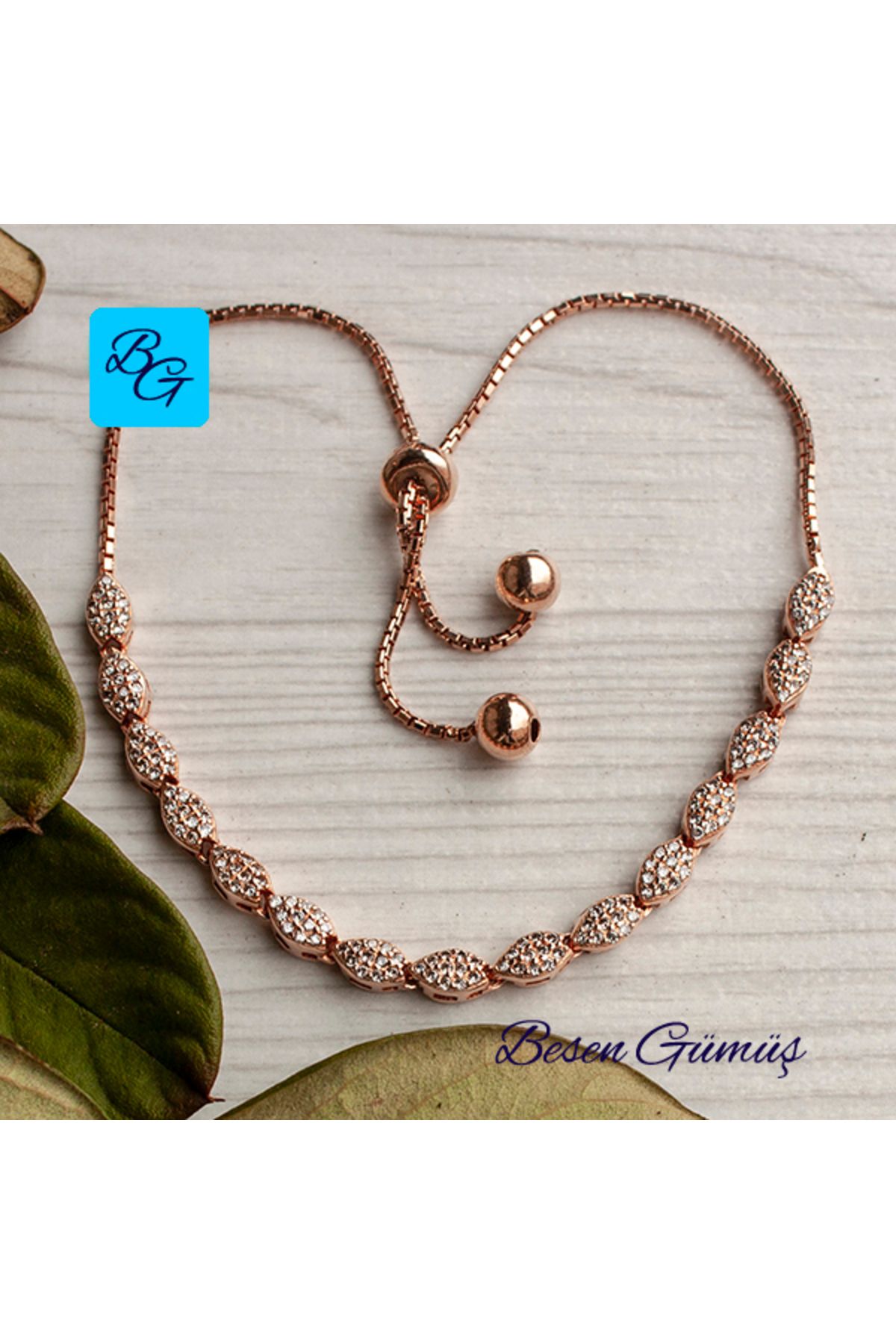Besen Gümüş Zirkon Taşlı Rose Oval Asansör Bileklik