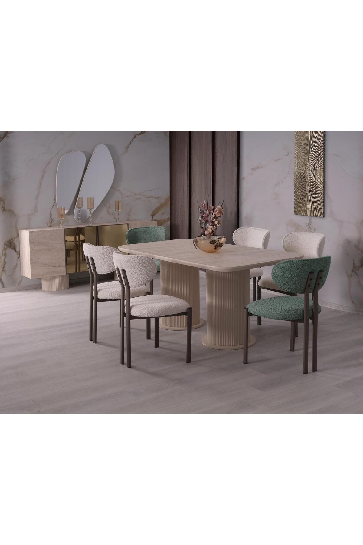 KUĞU GARDEN Traverten Açılır Masa Bohem Ayak 6'lı Tosla Metal Demonte Sandalye 90x160 Masa Sandalye Takımı