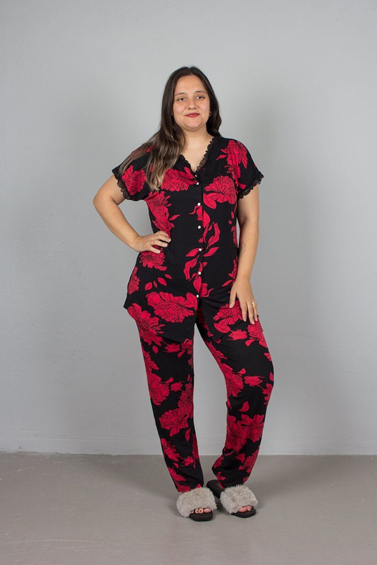 Truva XXL Büyük Beden Düğmeli Çiçek Desenli Pijama Takım