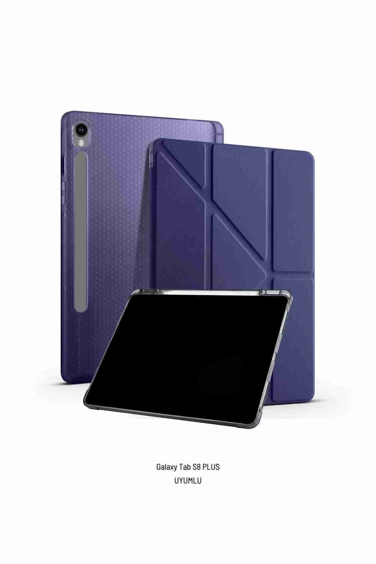 Fuchsia Galaxy Tab S8 Plus Uyumlu Kalem Bölmeli Standlı Fuchsia Trifolding Tablet Kılıfı