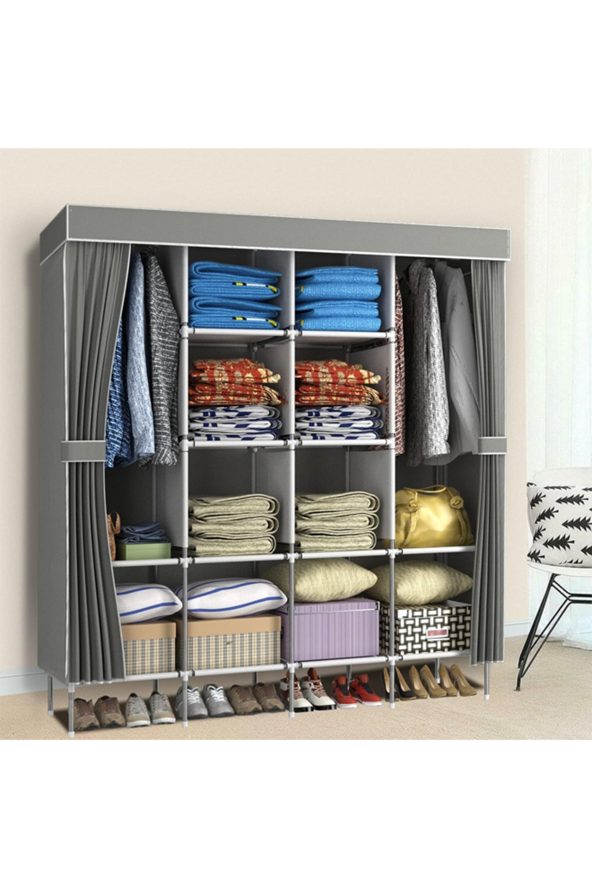 Cady One Foldable Fabric Wardrobe and Luggage Organizer with Hanging Rods and Clothes Rack