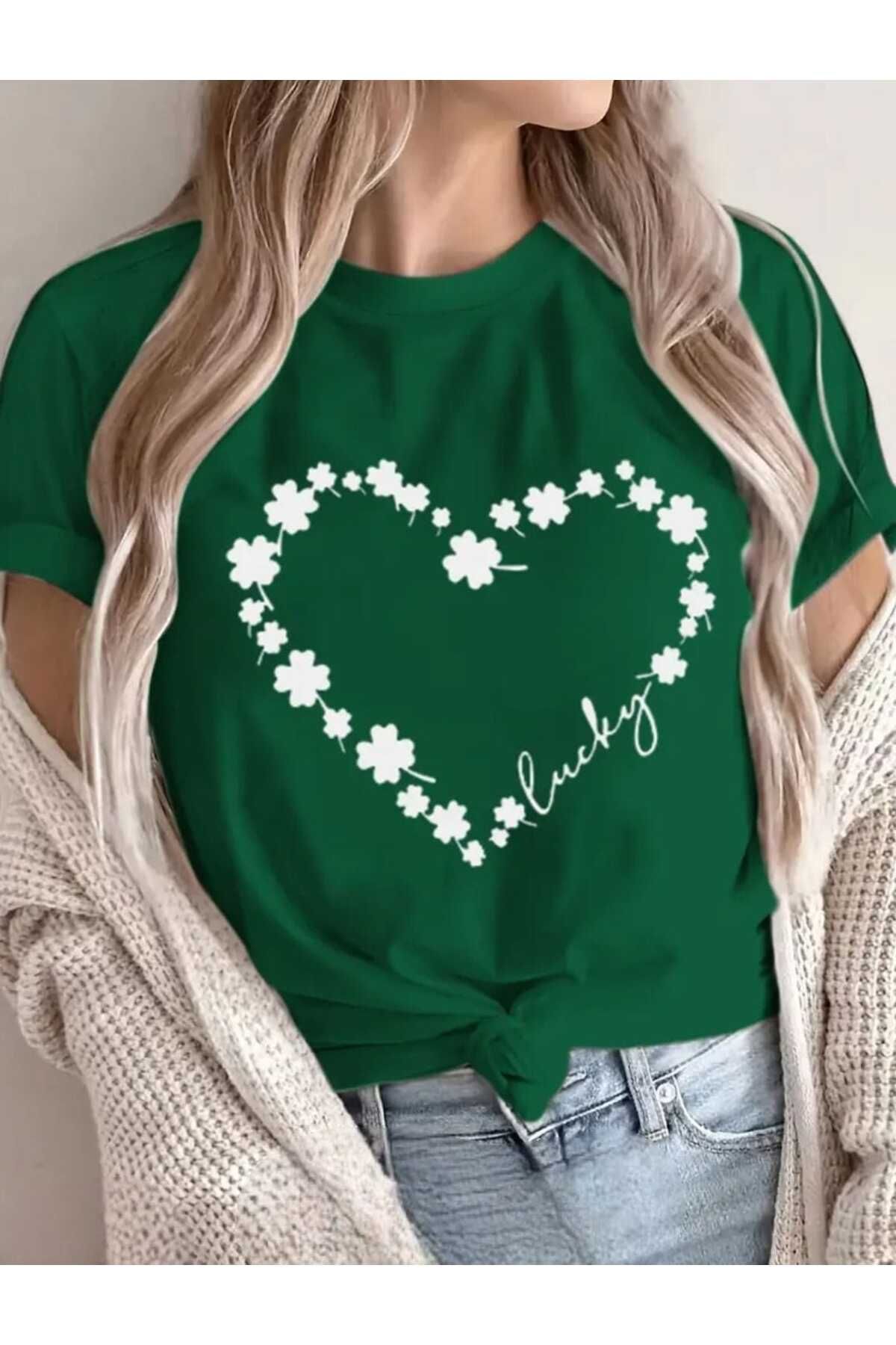 TekTarzz Unisex Çiçek Kalp Baskılı Tasarım Tshirt