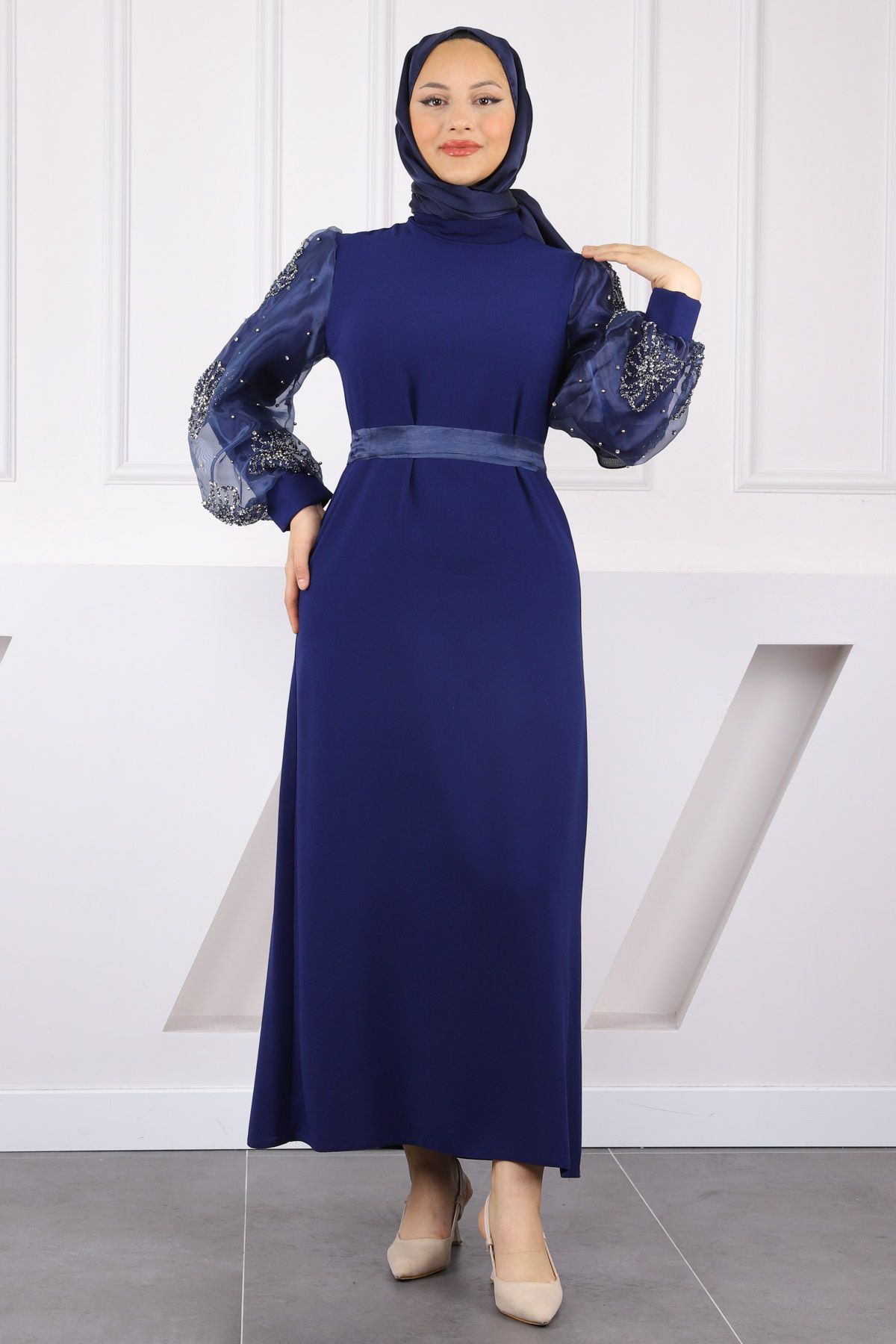 İmajButik Saks Mavi Kolu Tüllü Taş İşlemeli Abiye