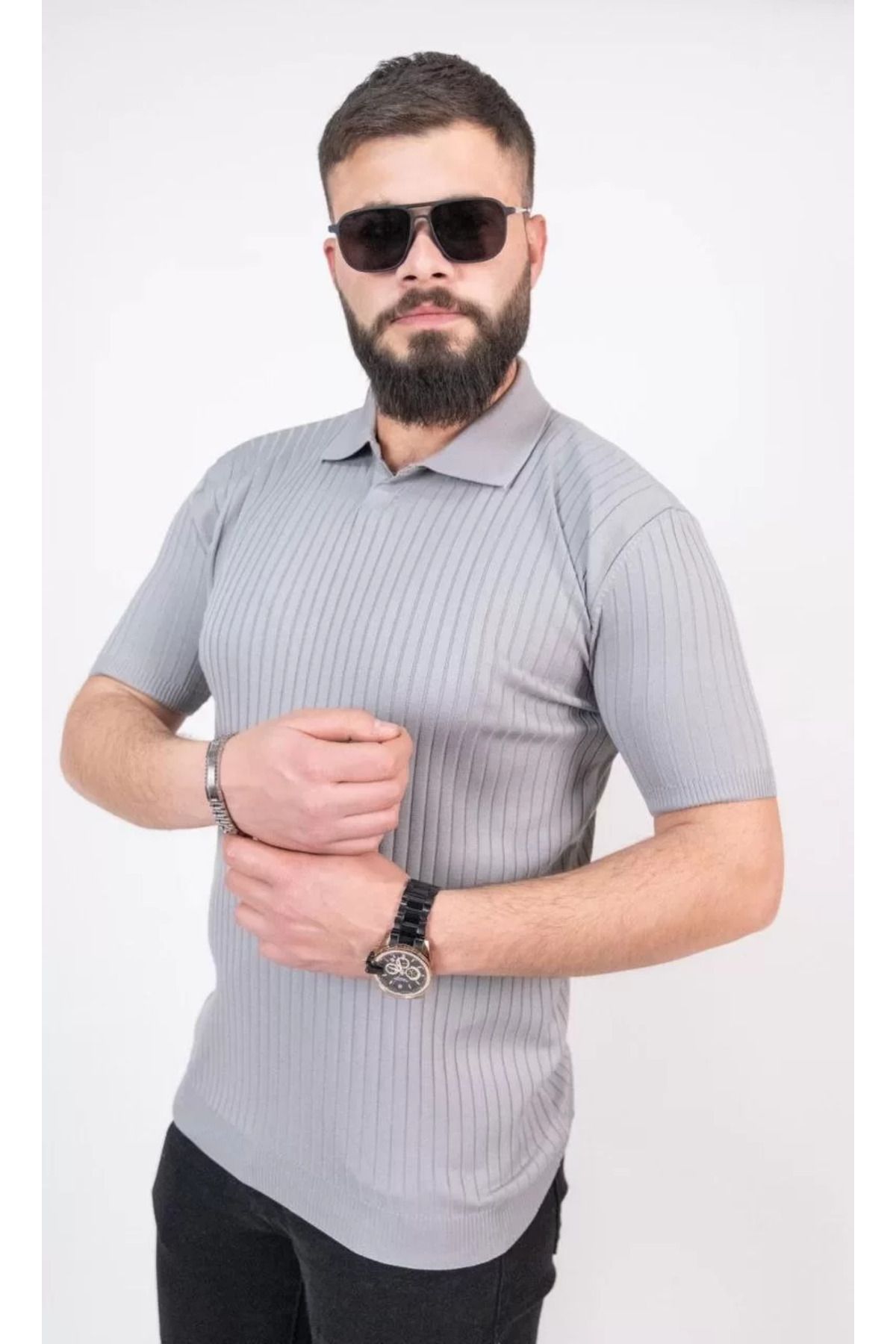 FantaziAtölyesi Triko Dokuma Yakalı T-shirt - Gri