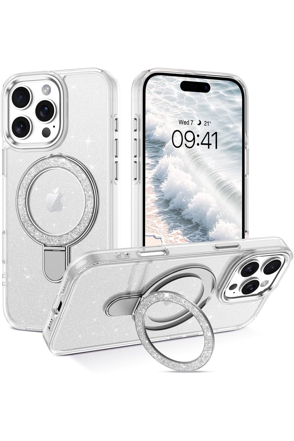 Deppo Trend iPhone 16 Pro Uyumlu Kılıf Simli Parlak Stand Olabilen Magsafe Şarj için Uygun Renkli Arka Kapak