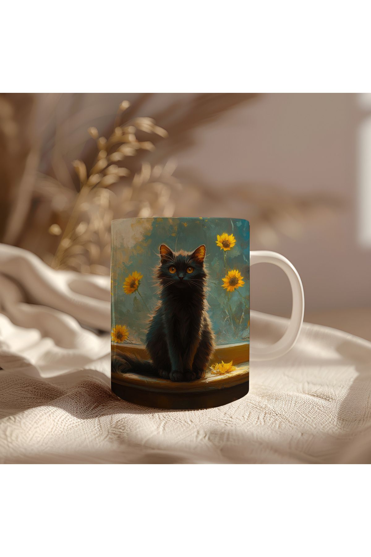 waspandhornet Kara Kedi ve Ayçiçekleri Temalı Seramik Kupa