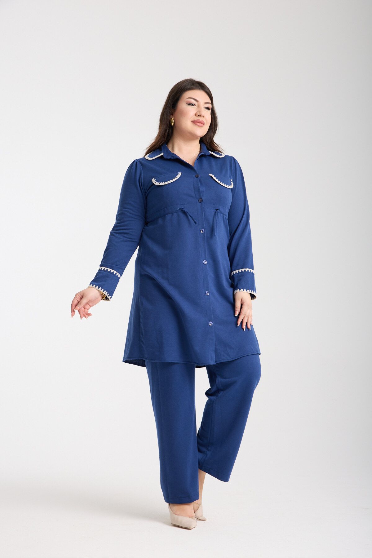 Moda Days İşlemeli Siyah Düğmeli Tunik Pantolon Takım - Kadın İkili Takım