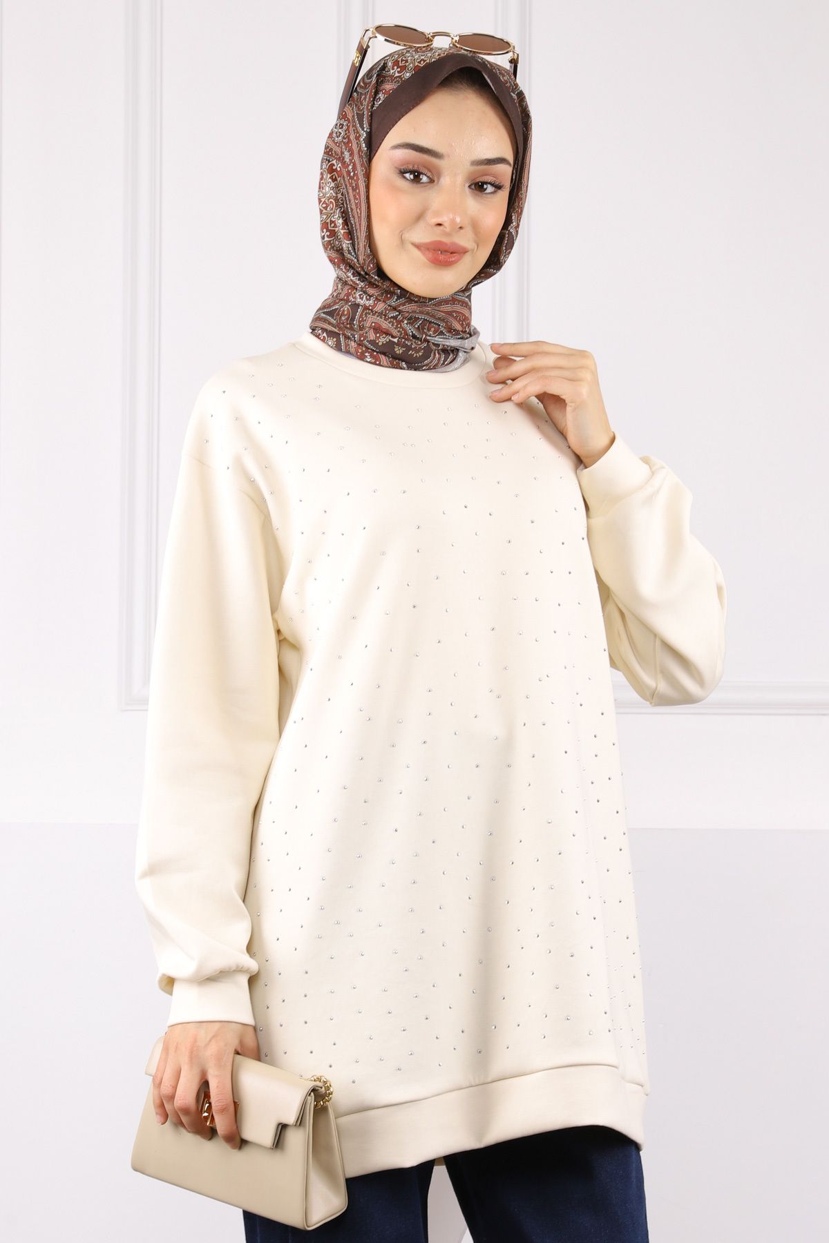 İmajButik Krem Bisiklet Yaka Taşlı Modal Tunik