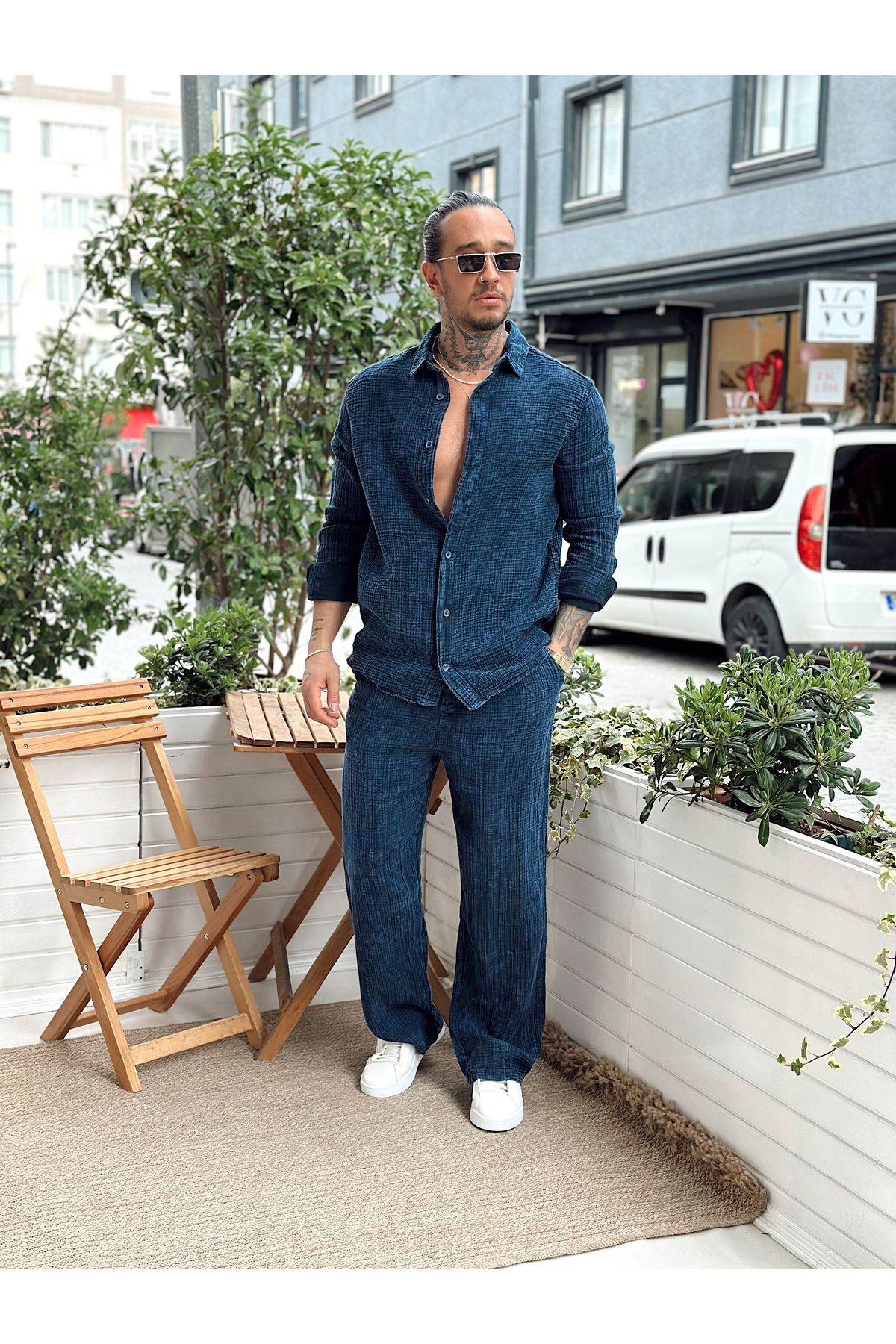 manch collection Yıkamalı Müslin Gömlek Pantolon Takım laci