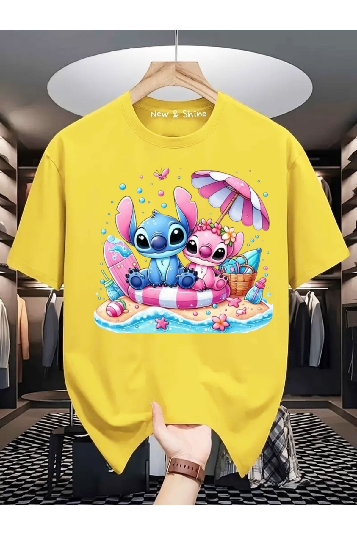 New Shine Stitch ve Angel Baskılı Büyük Beden Oversize T-Shirt